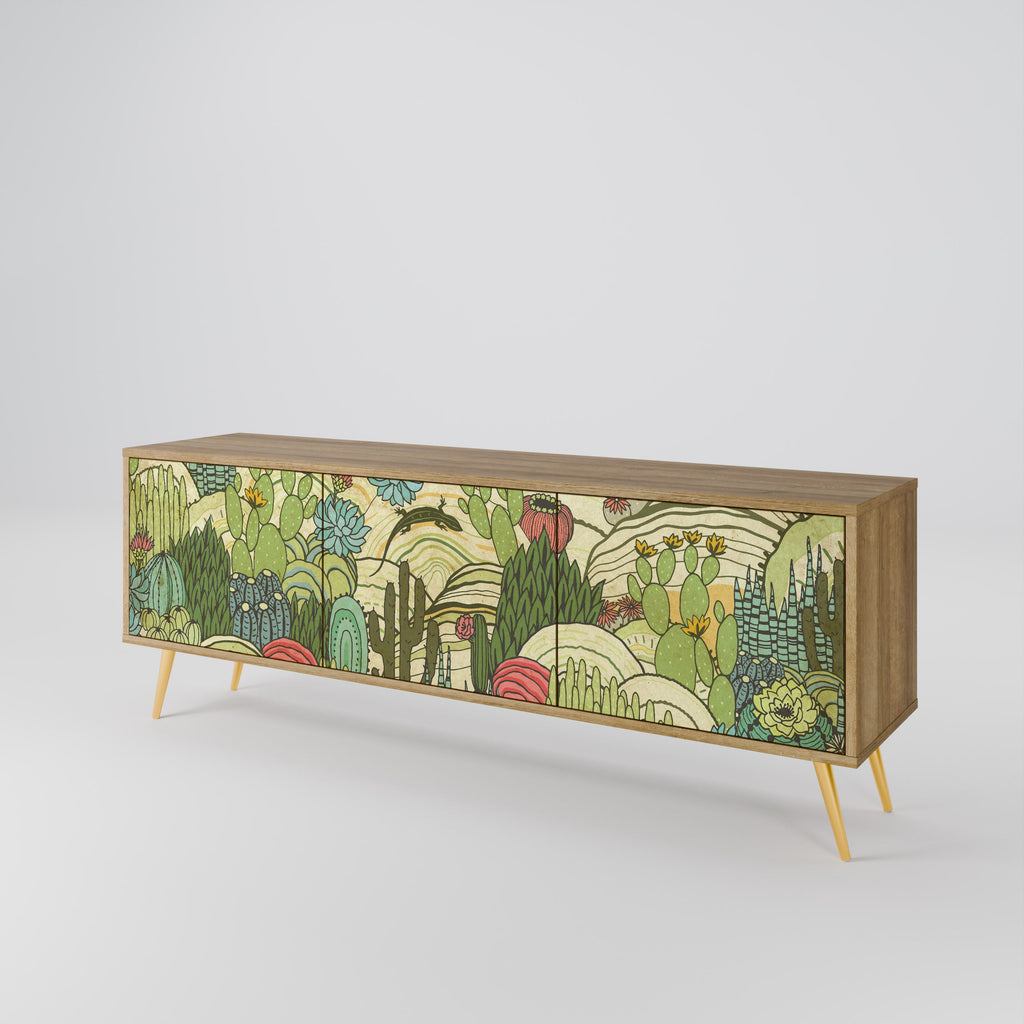 Meuble TV 3 portes SUCCULENTS KALEIDOSCOPE effet chêne