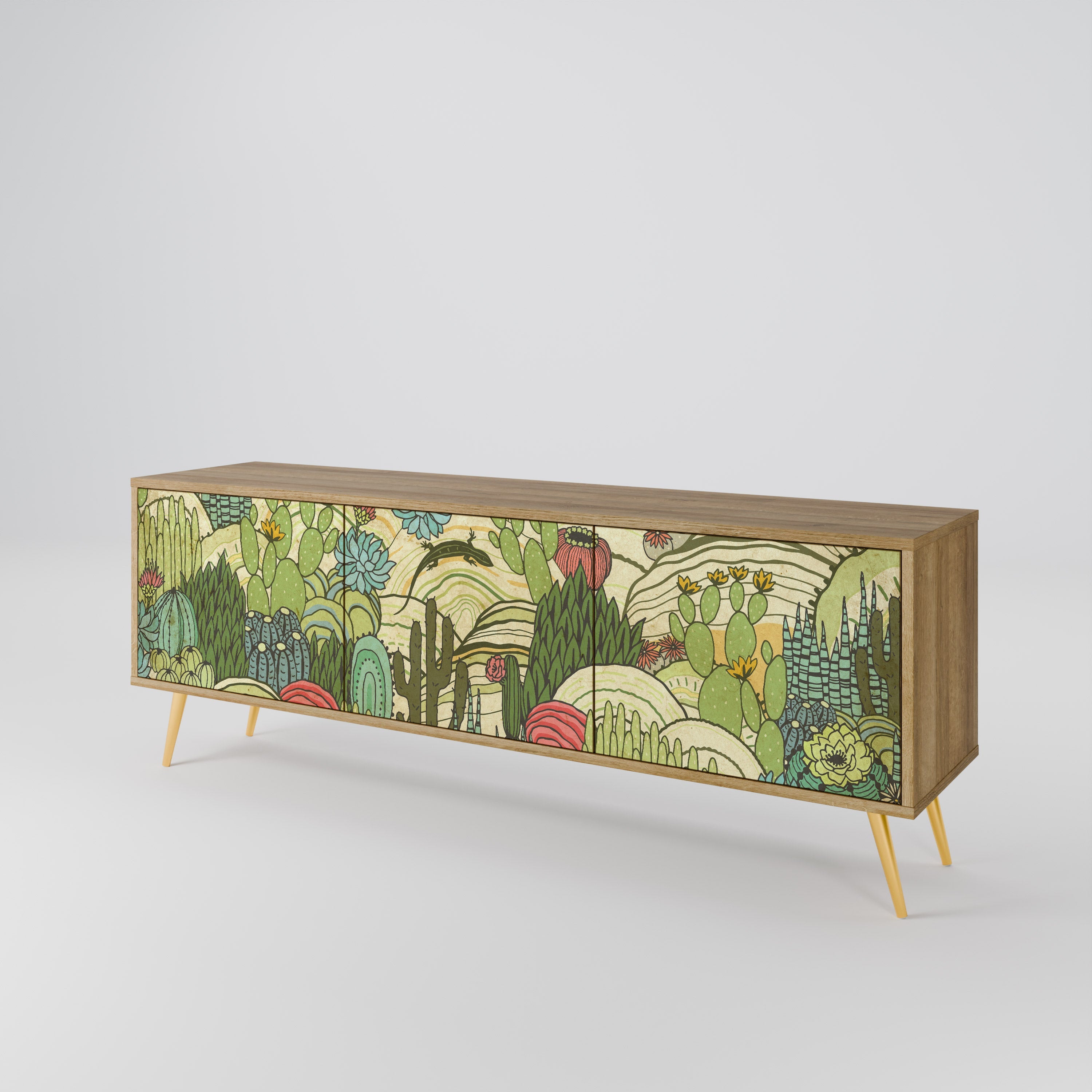 Meuble TV 3 portes SUCCULENTS KALEIDOSCOPE effet chêne