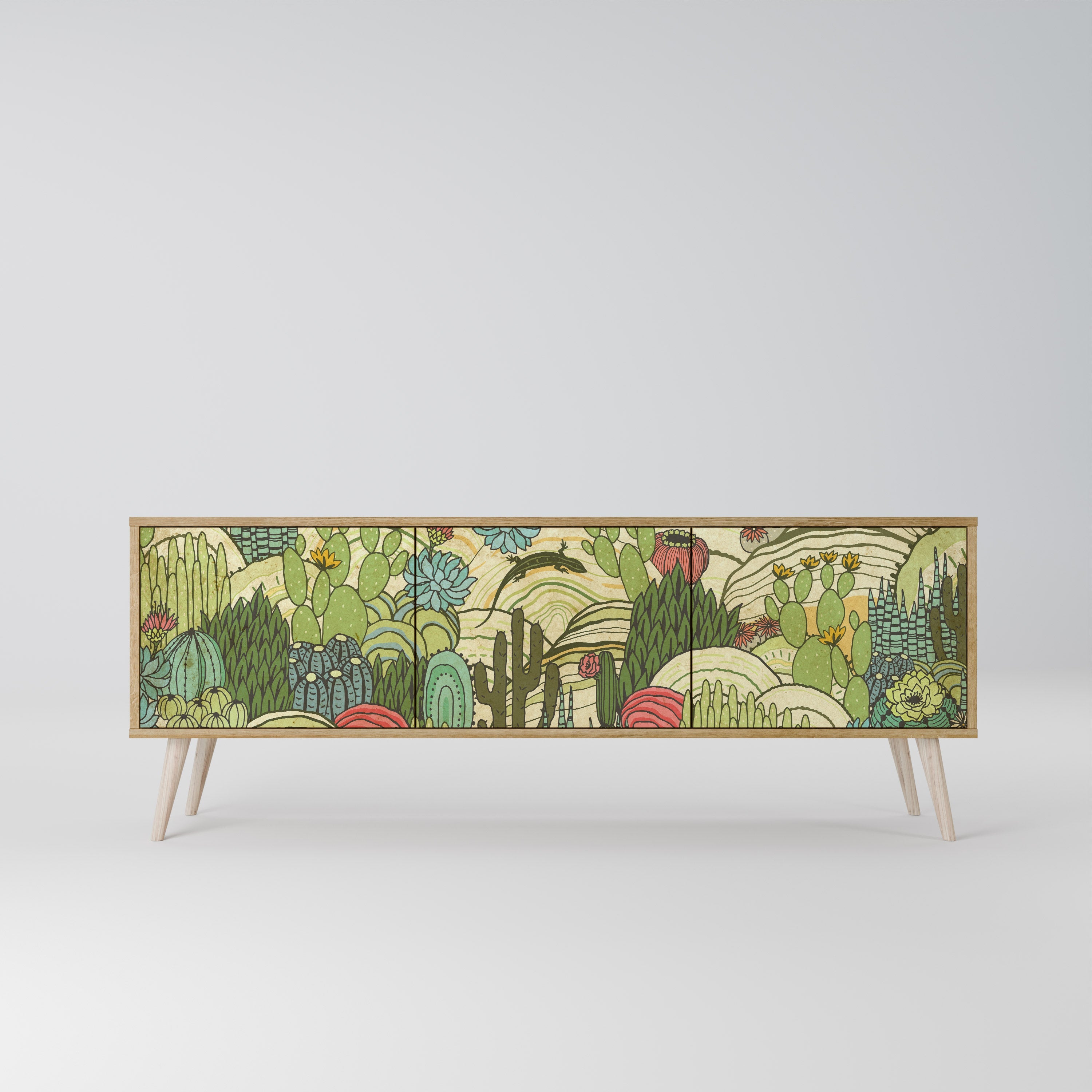 Meuble TV 3 portes SUCCULENTS KALEIDOSCOPE effet chêne