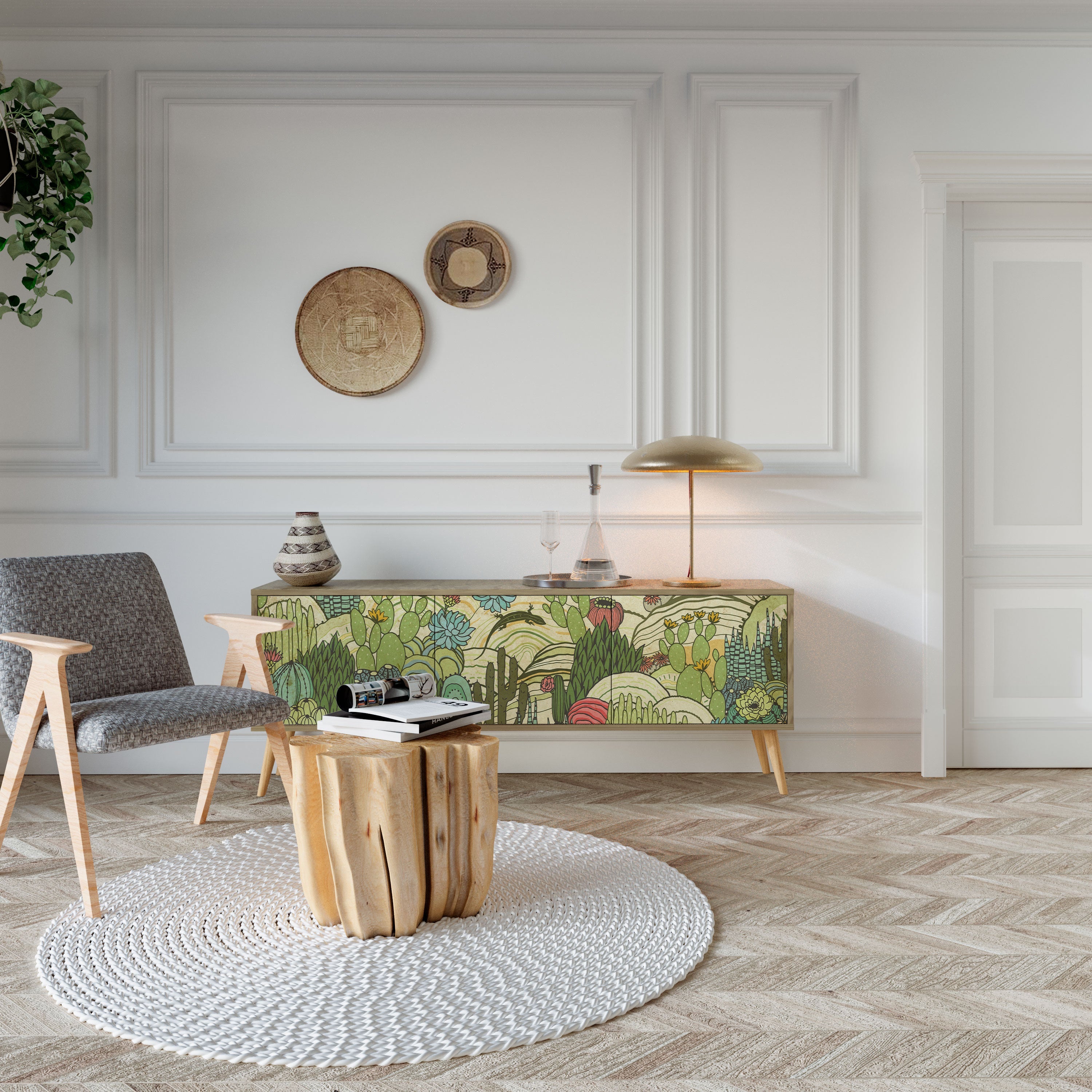 Meuble TV 3 portes SUCCULENTS KALEIDOSCOPE effet chêne