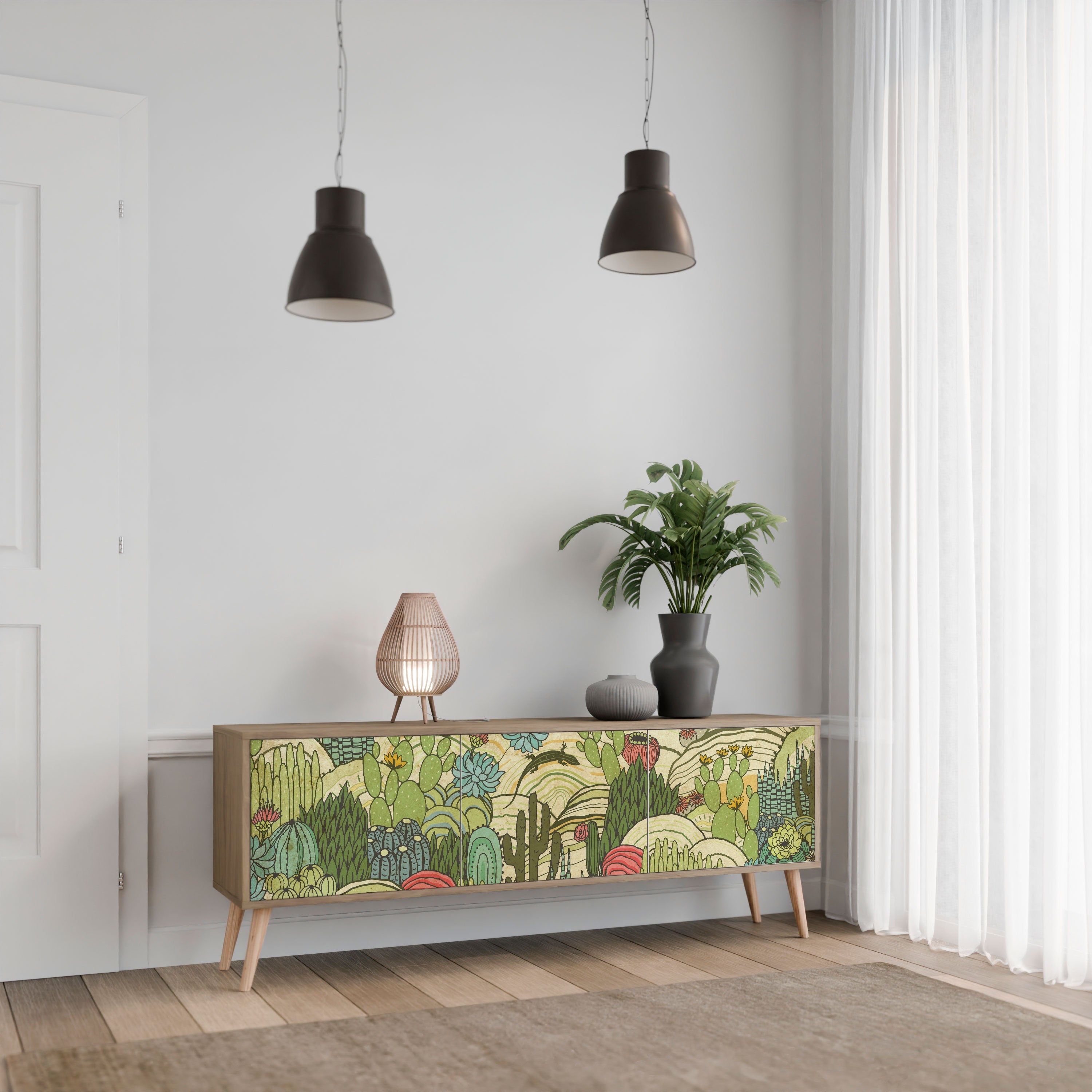 Meuble TV 3 portes SUCCULENTS KALEIDOSCOPE effet chêne