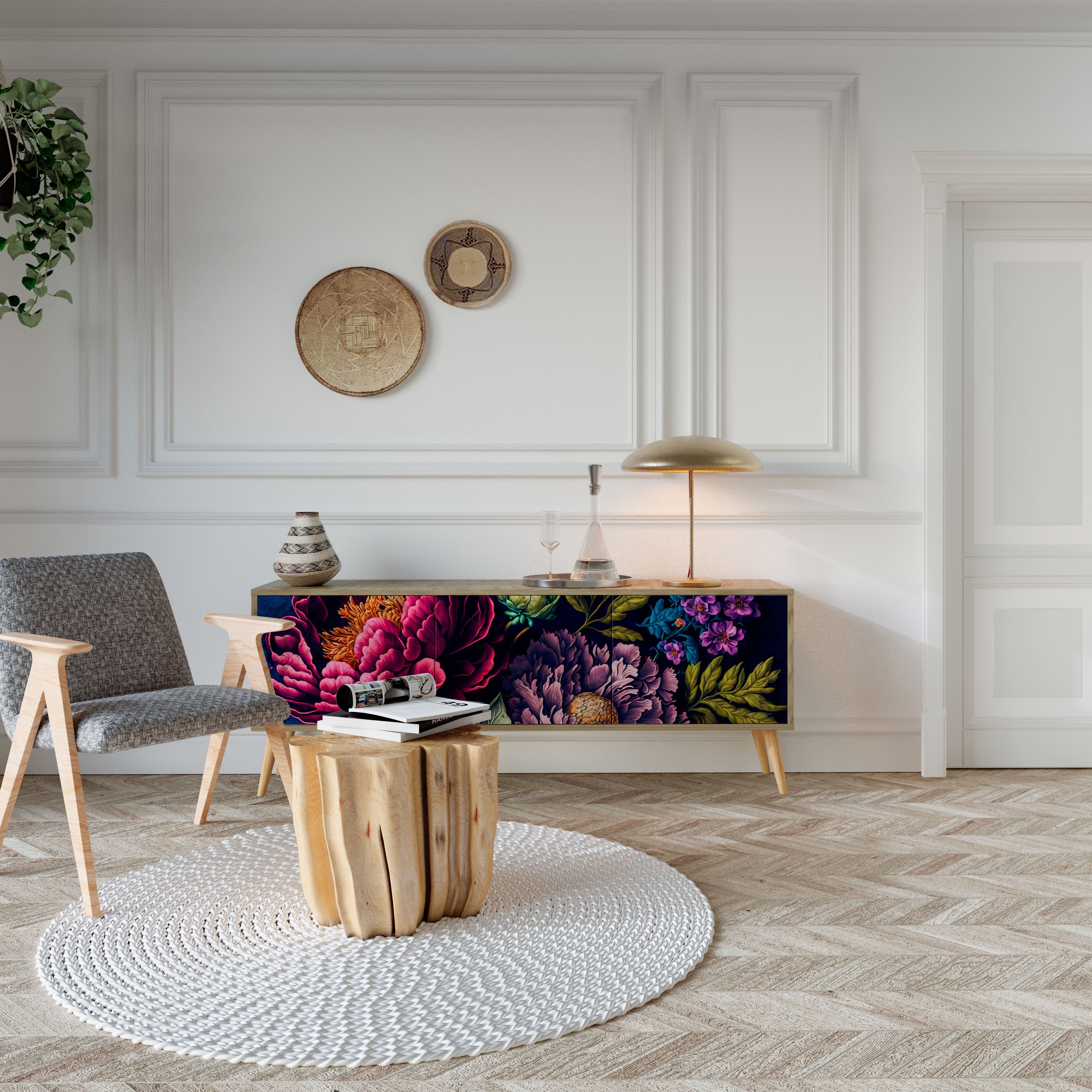 Meuble TV 3 portes BLOOMING ELEGANCE effet chêne