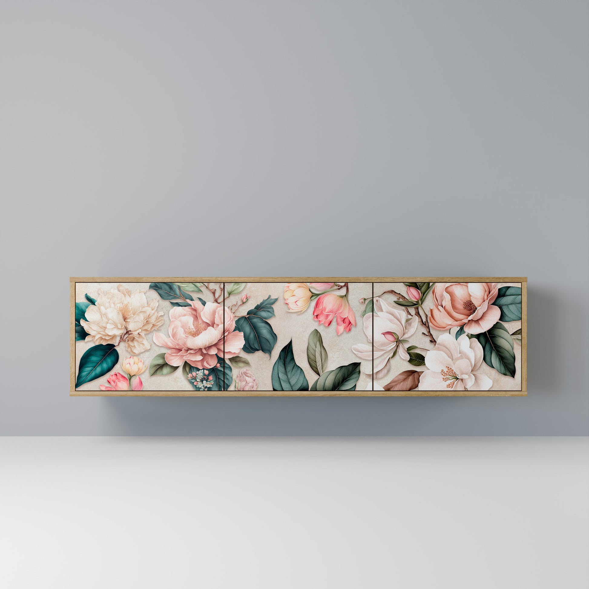 FLORAL GRACE 3-Door TV Stand in Oak Effect