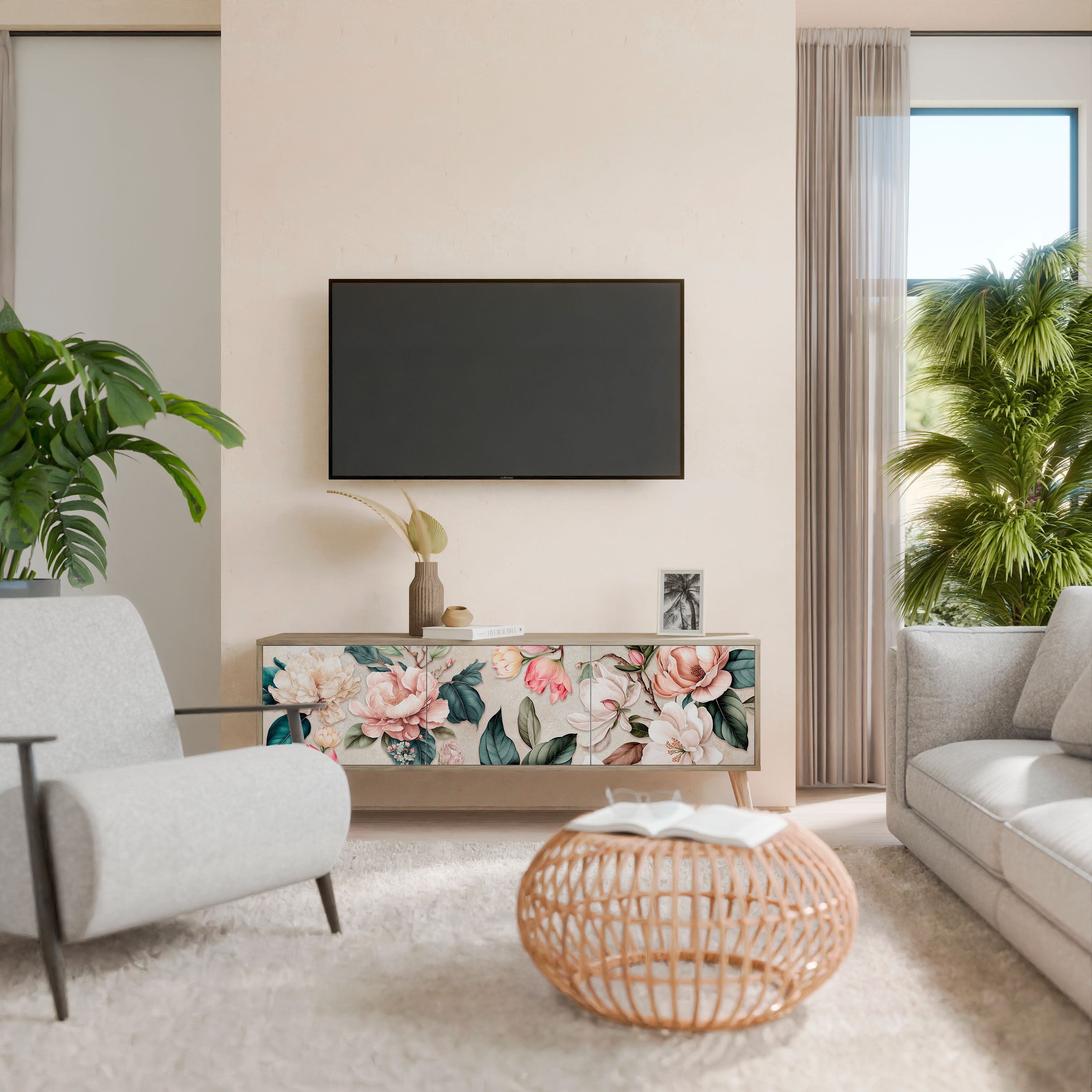 Meuble TV 3 portes FLORAL GRACE effet chêne