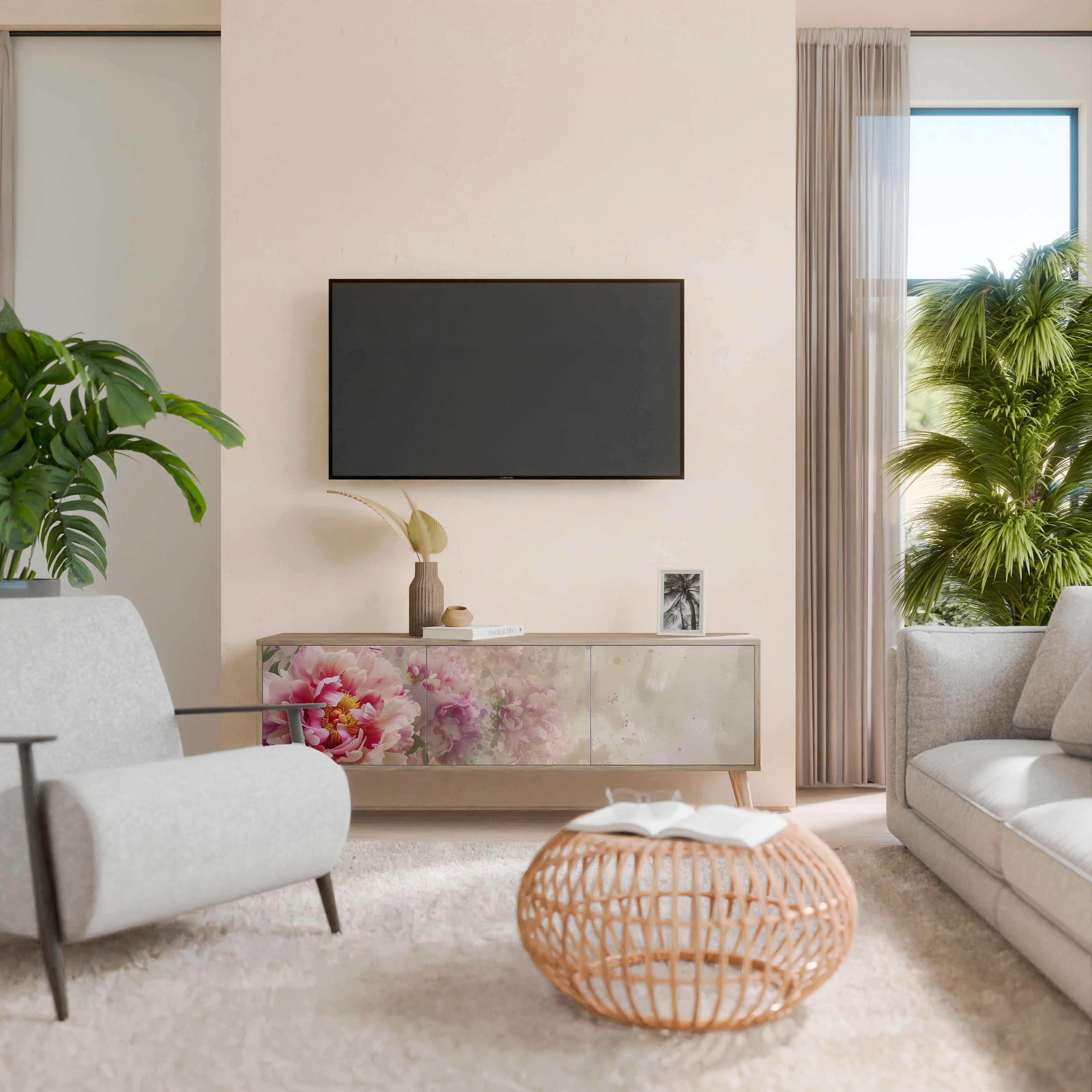 Meuble TV 3 portes PEONY WHISPER effet chêne