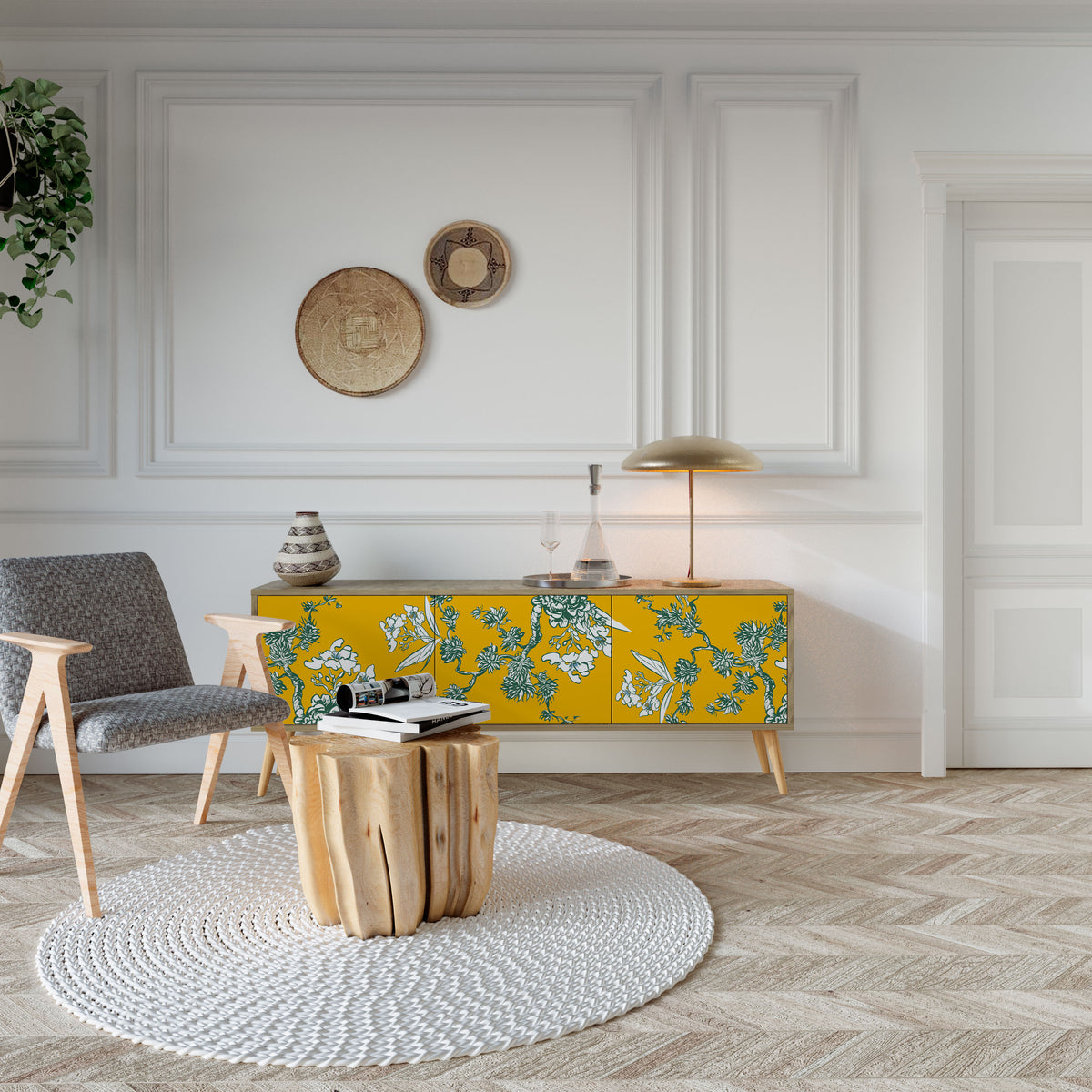 YELLOW CHINOISERIE 3-Door TV Cabinet