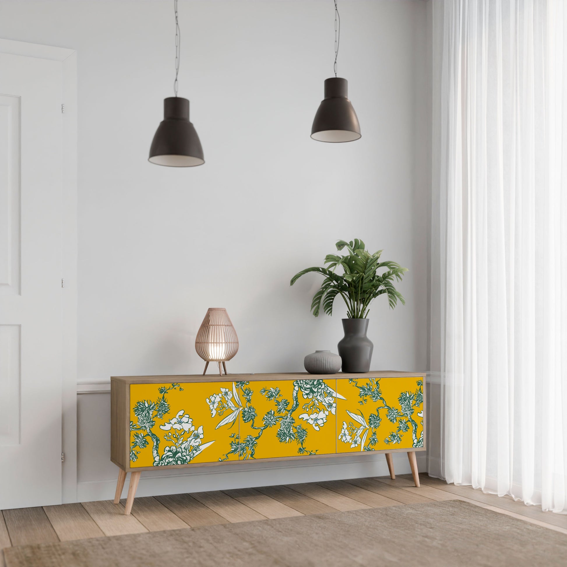 YELLOW CHINOISERIE 3-Door TV Stand in Oak Effect