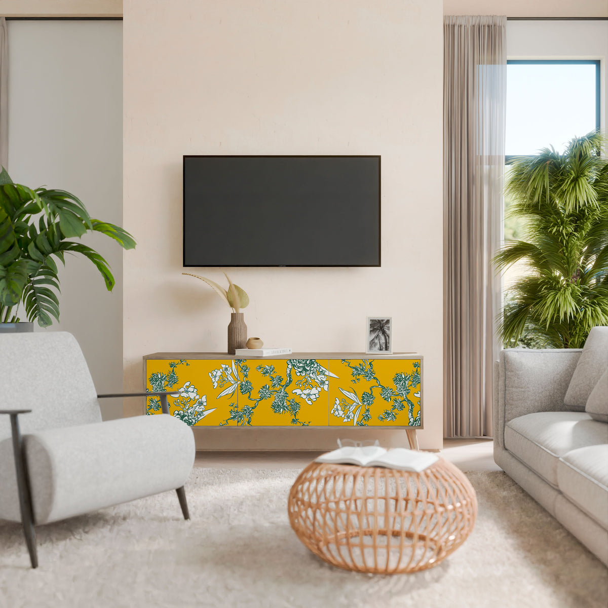 YELLOW CHINOISERIE 3-Door TV Cabinet