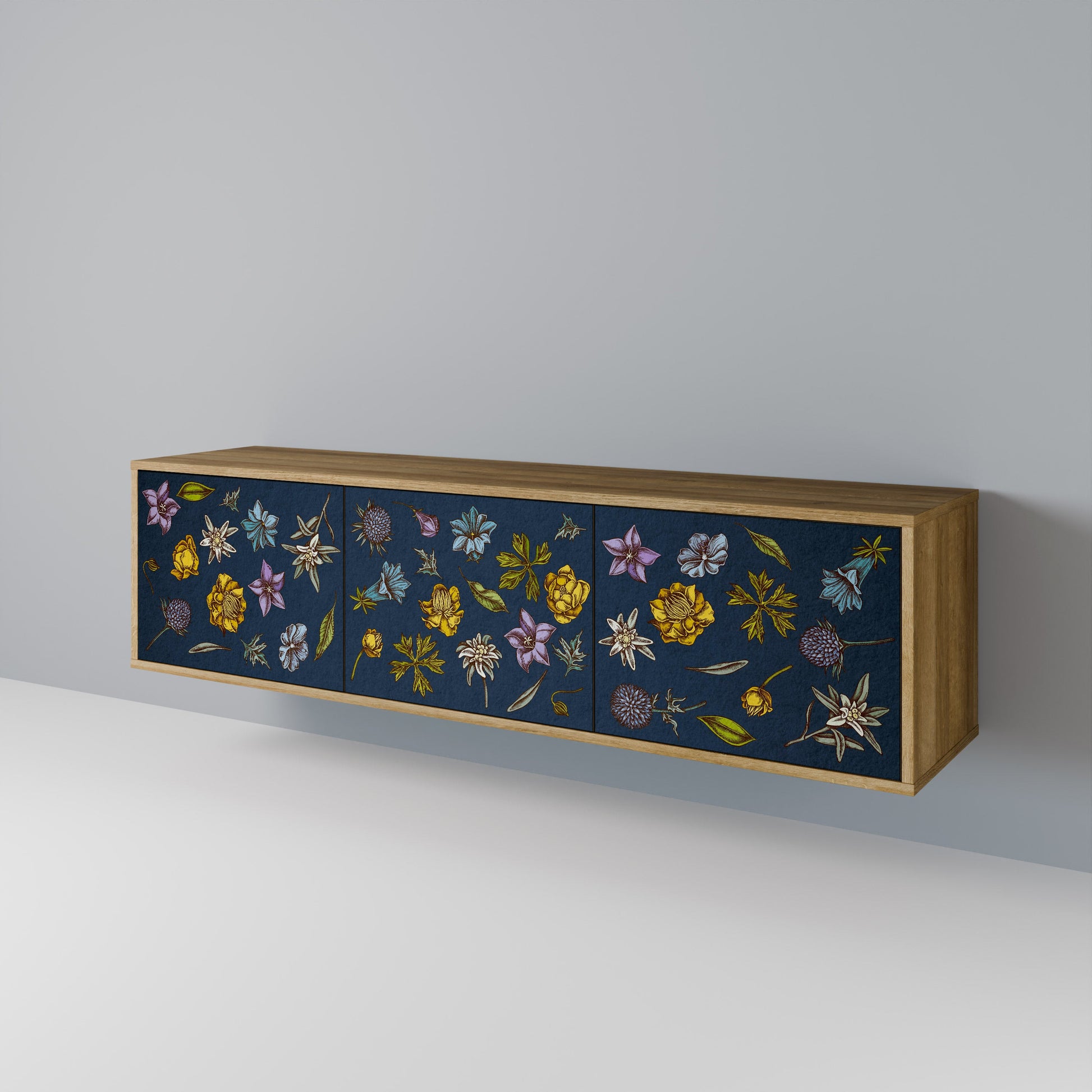 FLOWERS ON NAVY BLUE 3-Door TV Stand in Oak Effect