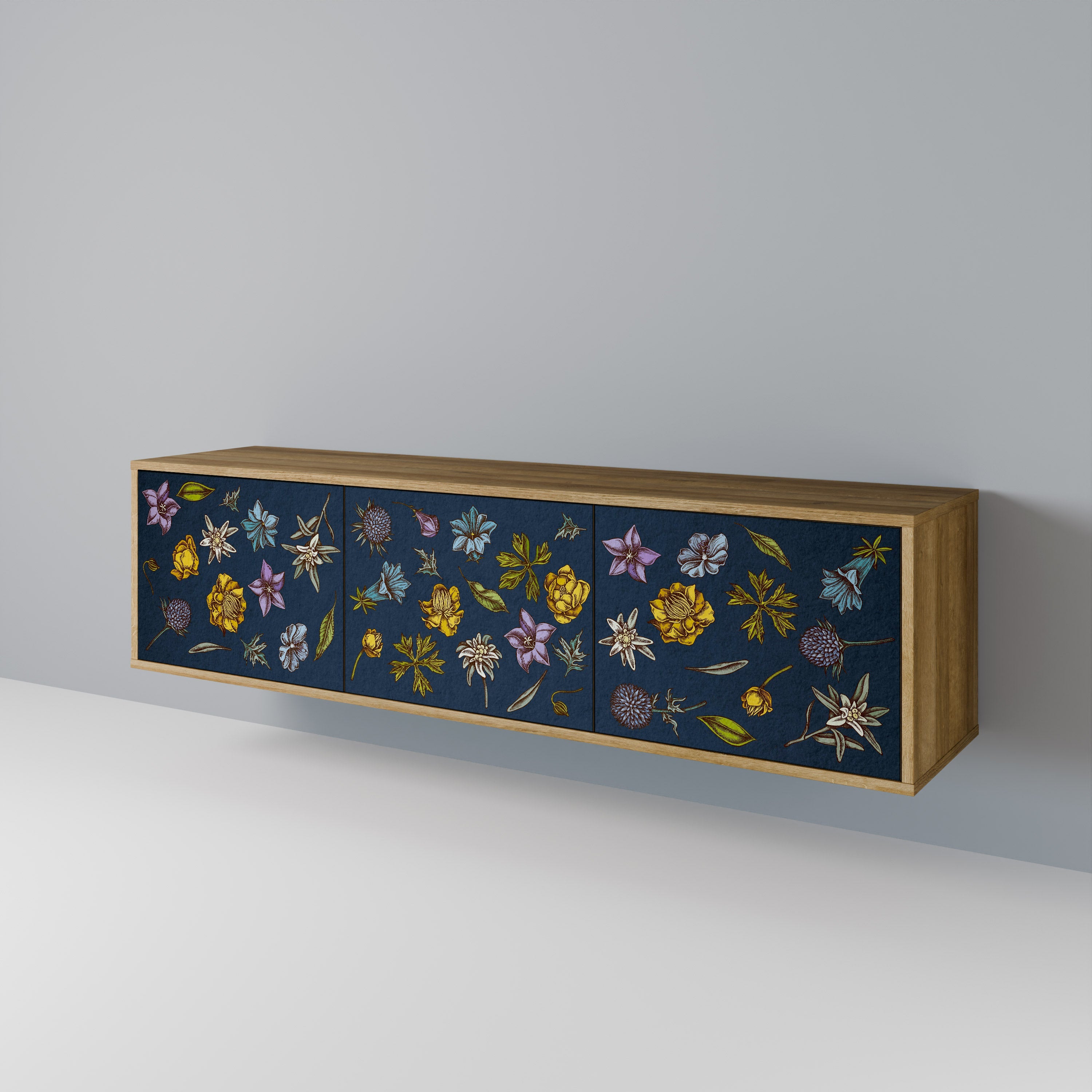 Meuble TV 3 portes effet chêne FLOWERS ON NAVY BLUE