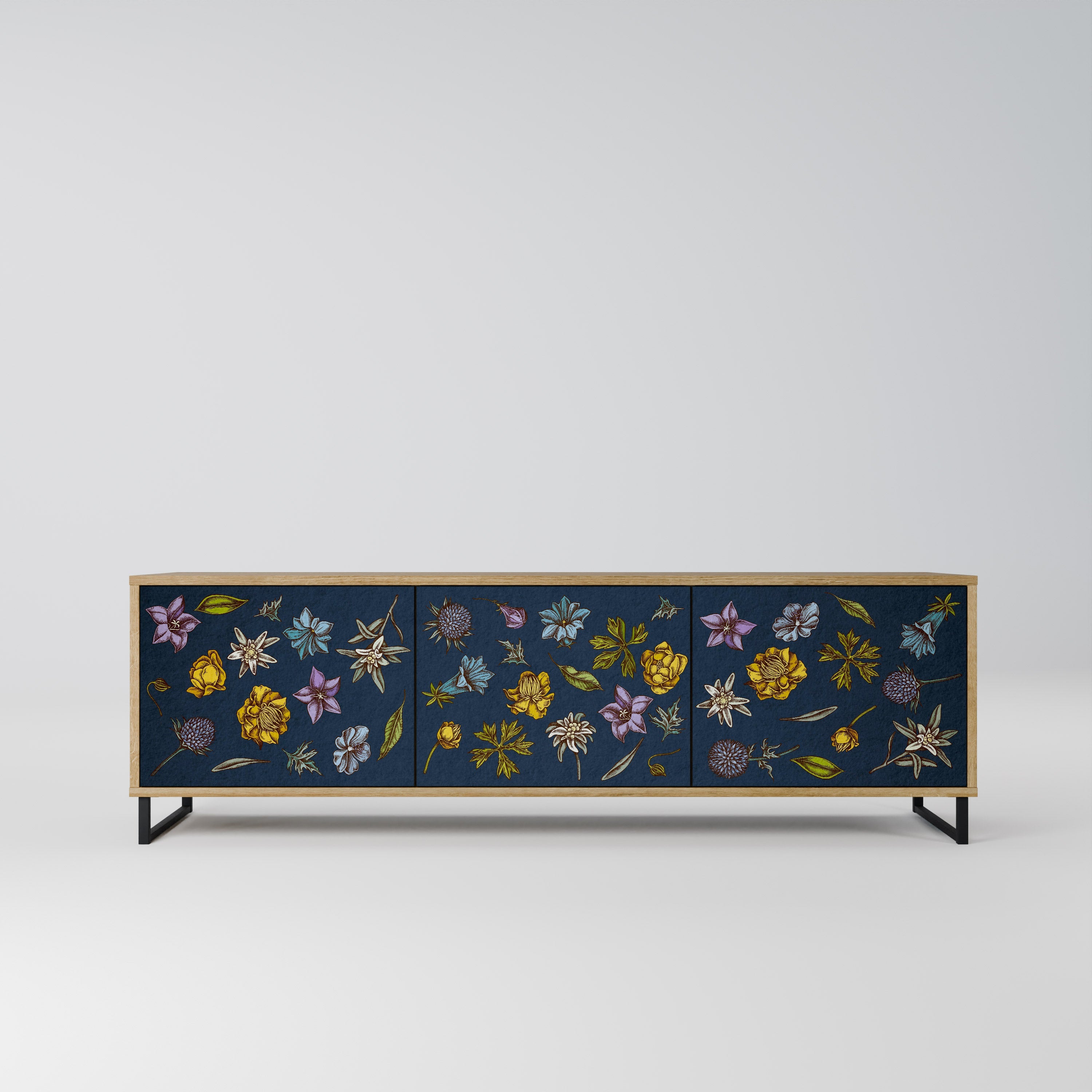 Meuble TV 3 portes effet chêne FLOWERS ON NAVY BLUE