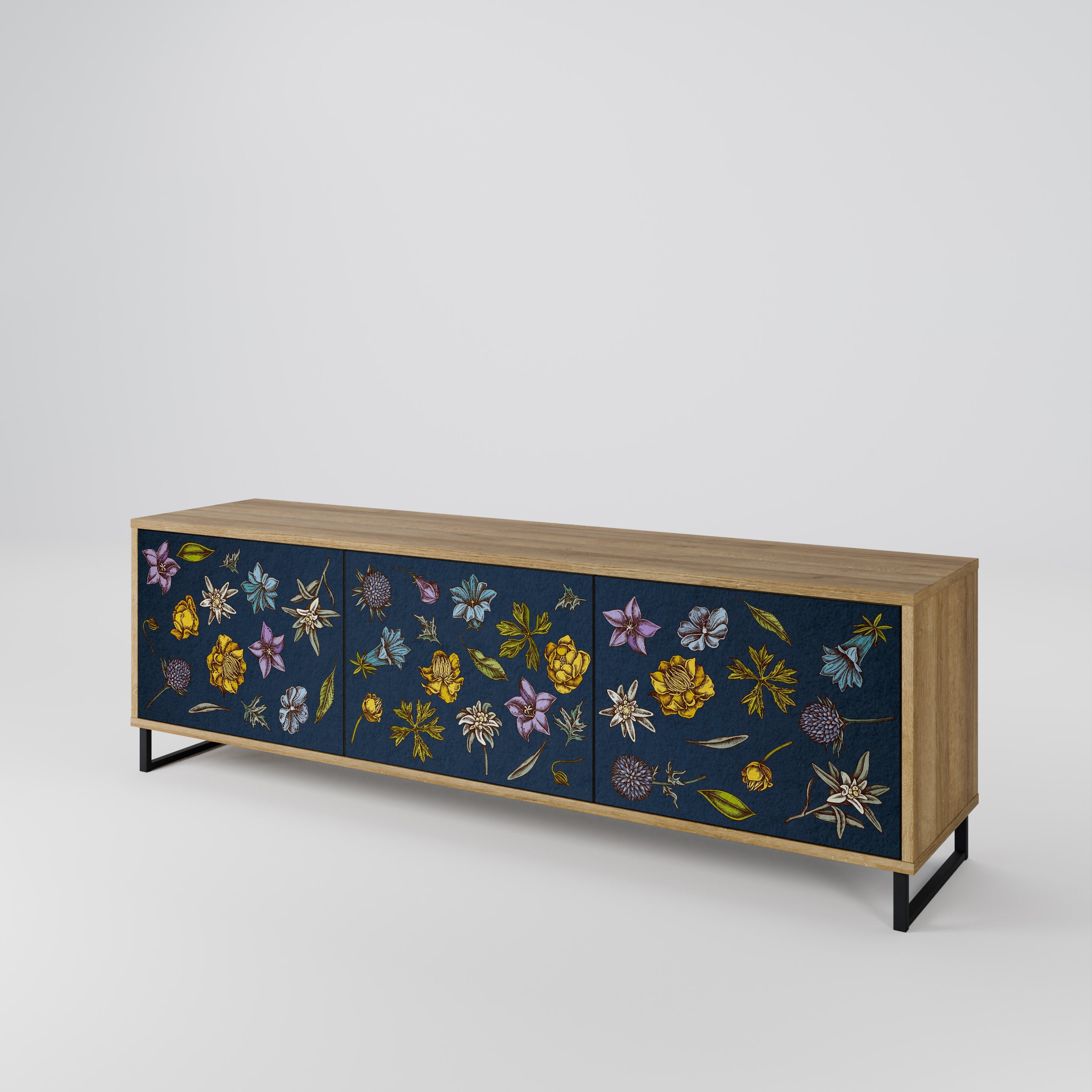 Meuble TV 3 portes effet chêne FLOWERS ON NAVY BLUE