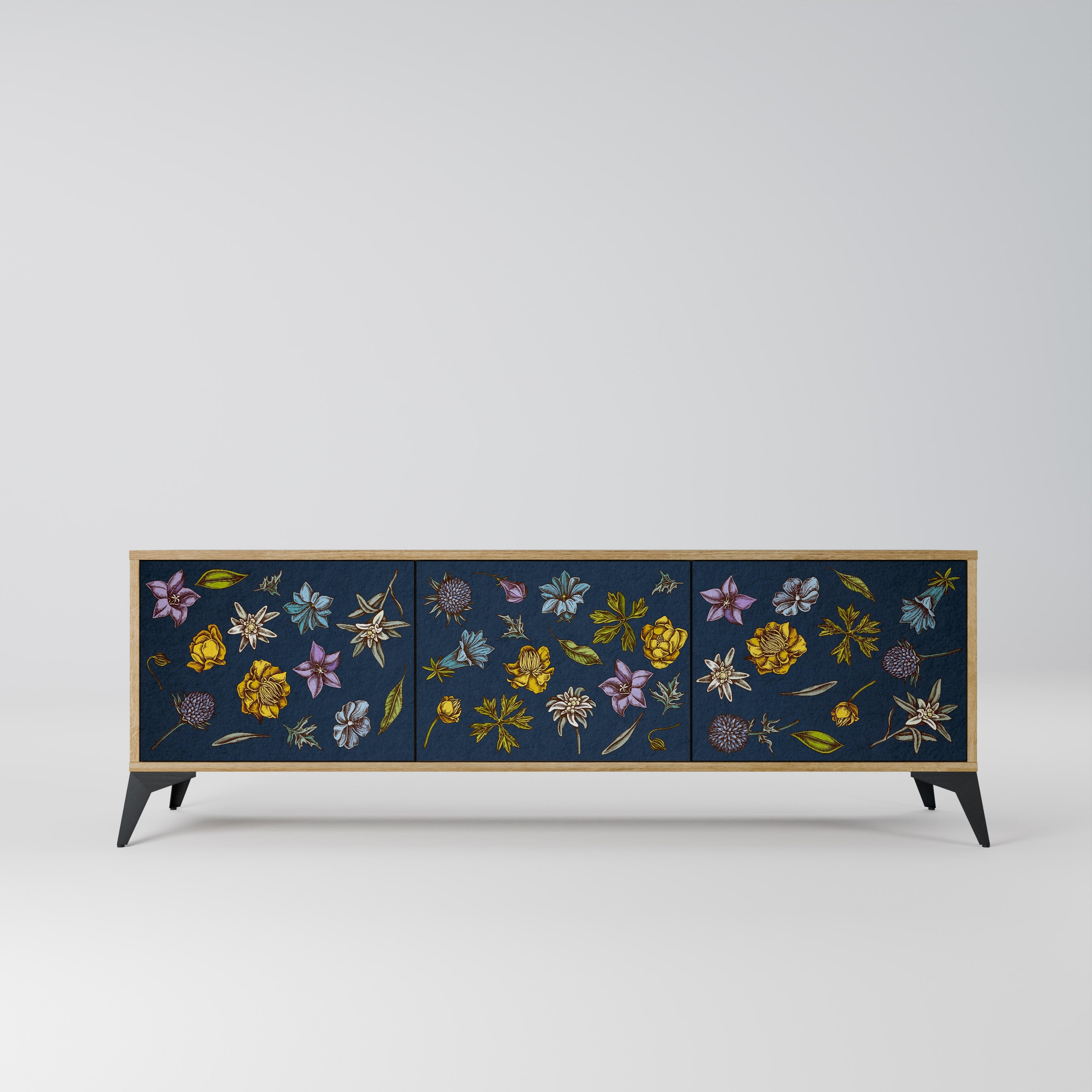 Meuble TV 3 portes effet chêne FLOWERS ON NAVY BLUE