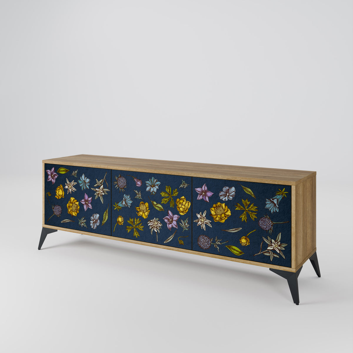 FLOWERS ON NAVY BLUE 3-Door TV Cabinet