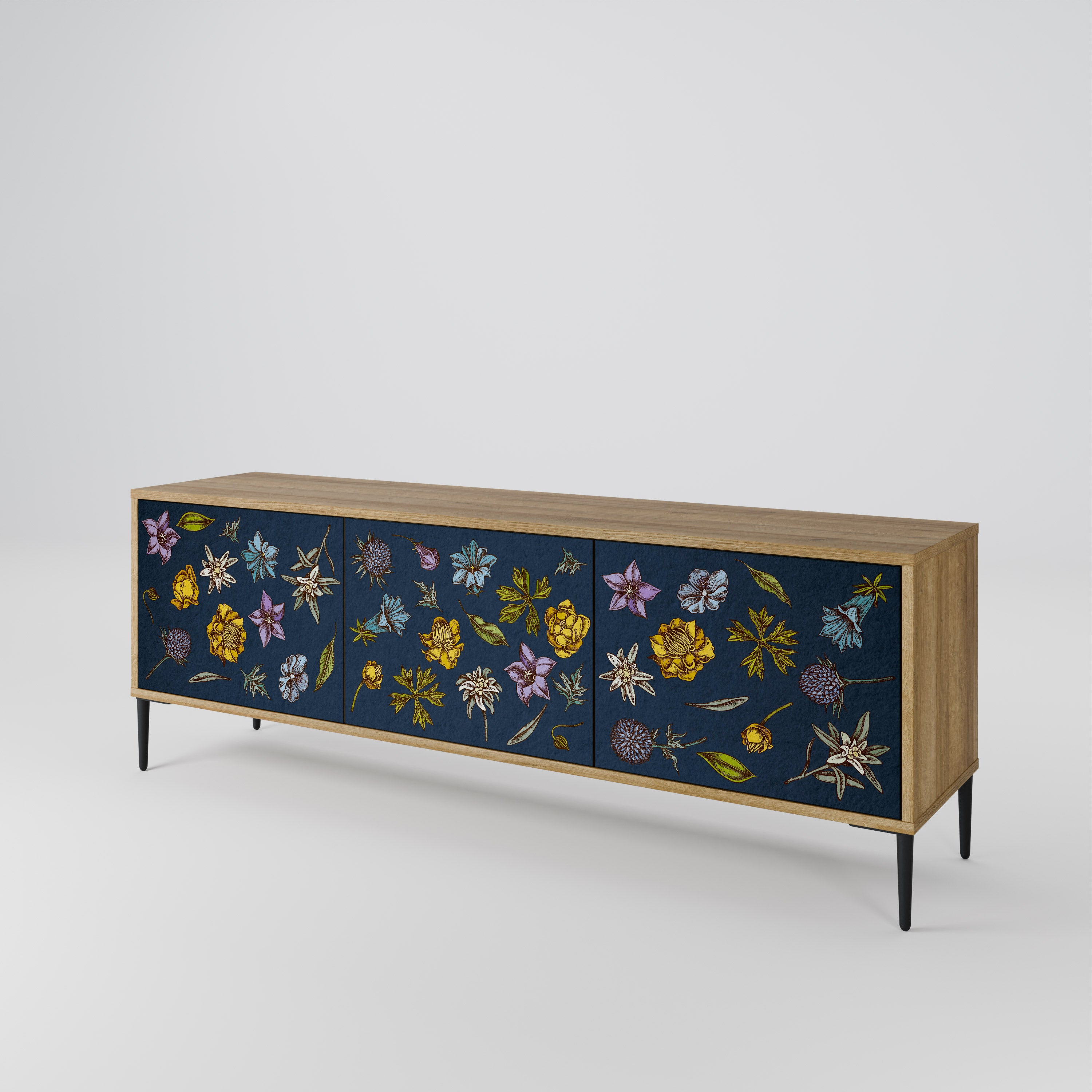 FLOWERS ON NAVY BLUE 3-Door TV Cabinet