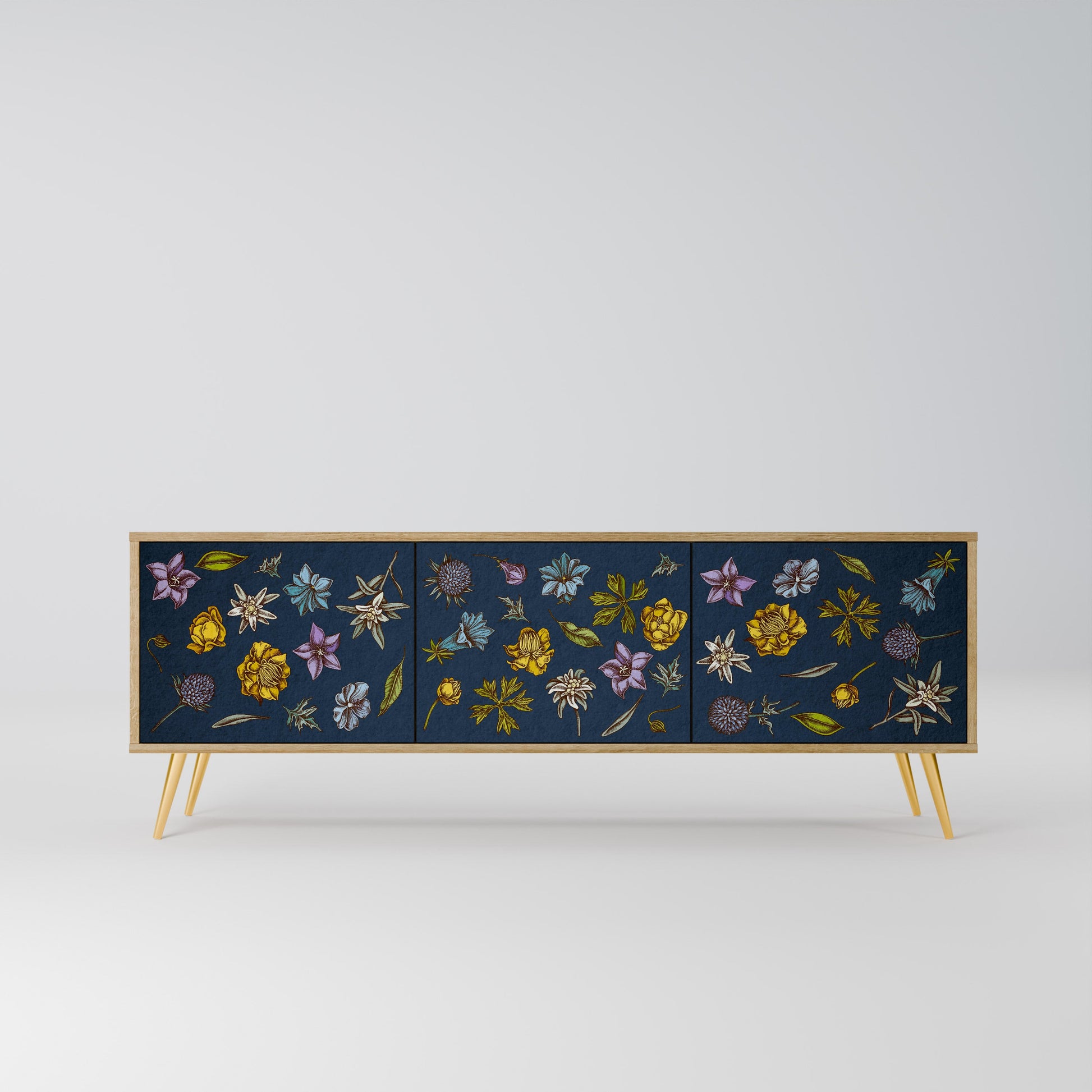 FLOWERS ON NAVY BLUE 3-Door TV Stand in Oak Effect