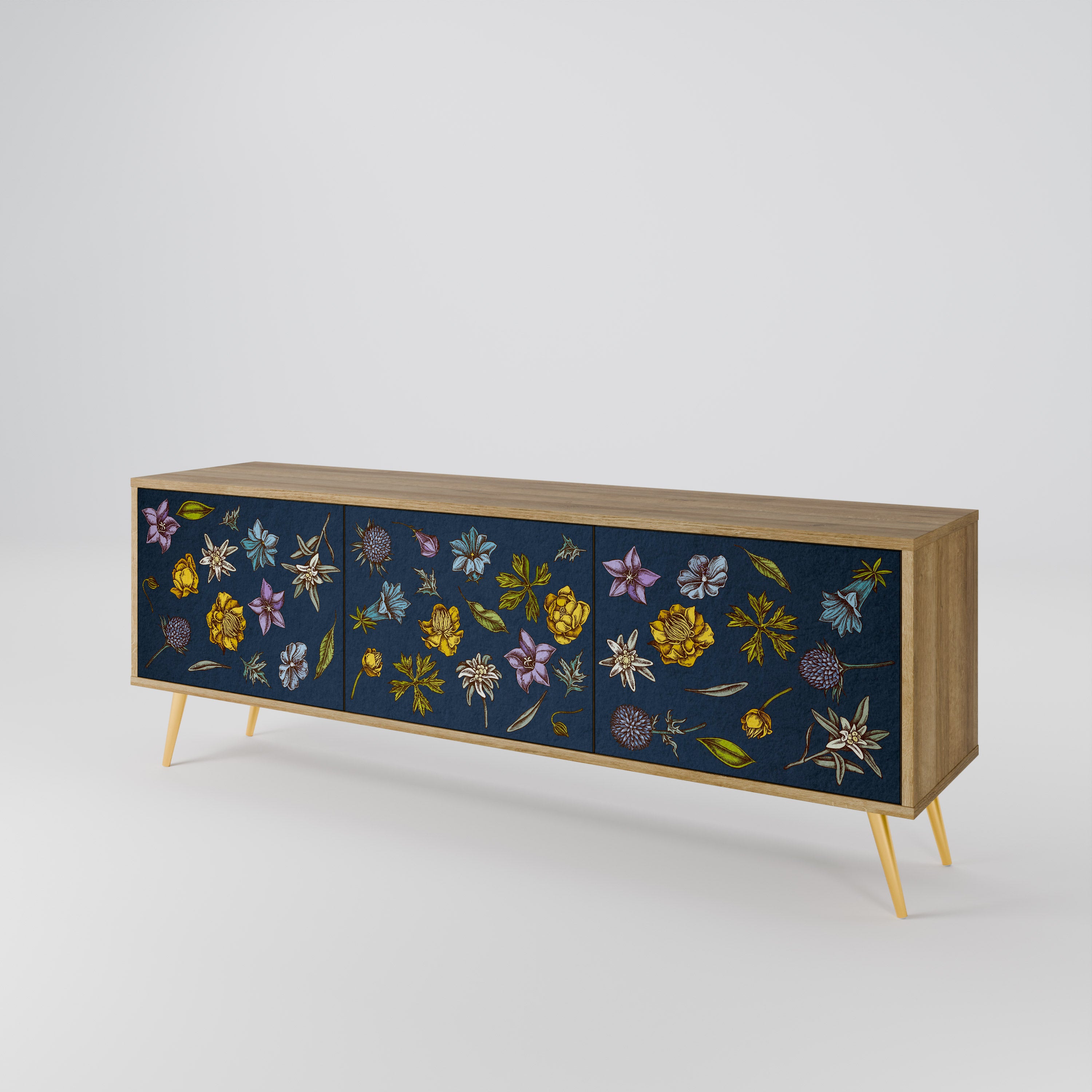 FLOWERS ON NAVY BLUE 3-Door TV Cabinet