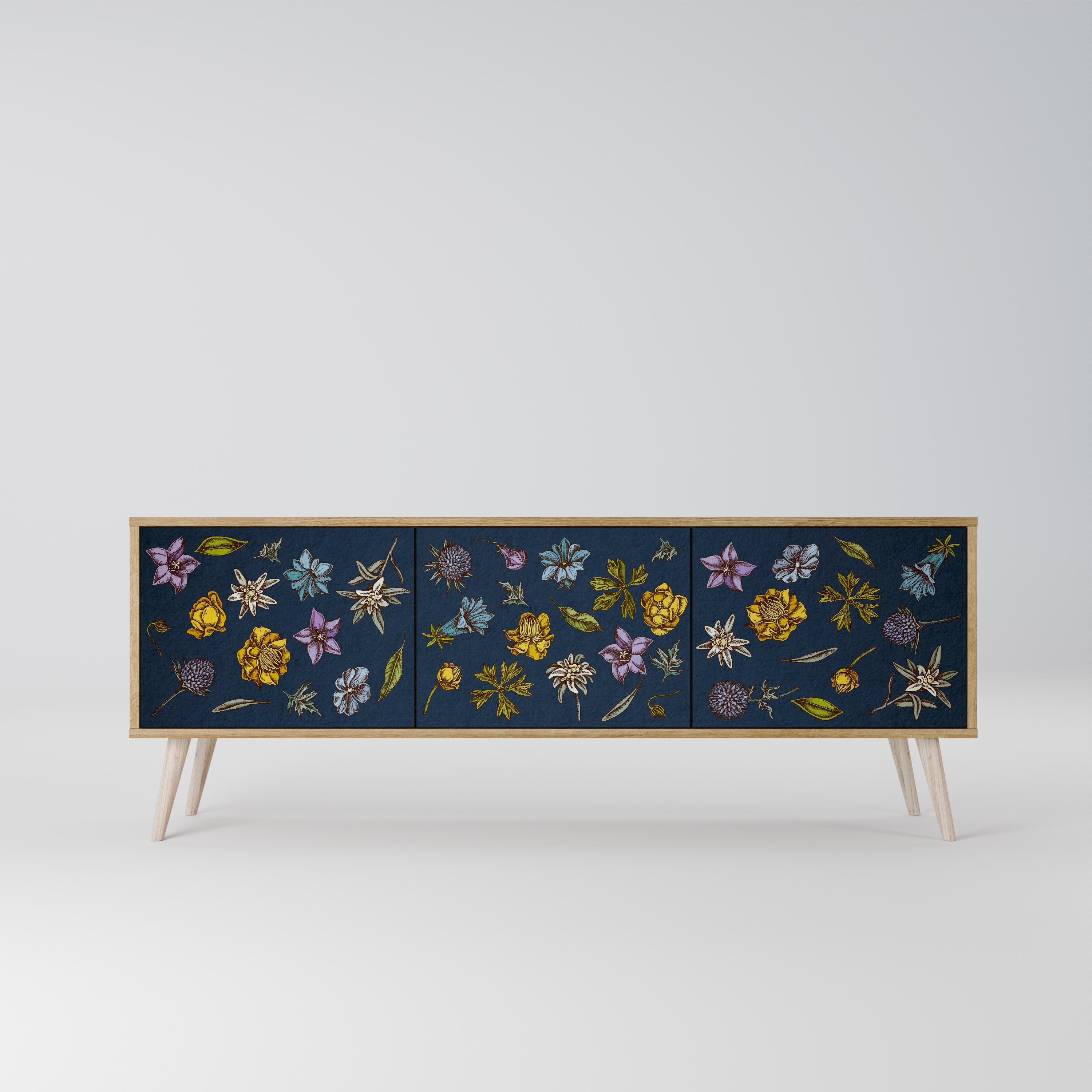 Meuble TV 3 portes effet chêne FLOWERS ON NAVY BLUE