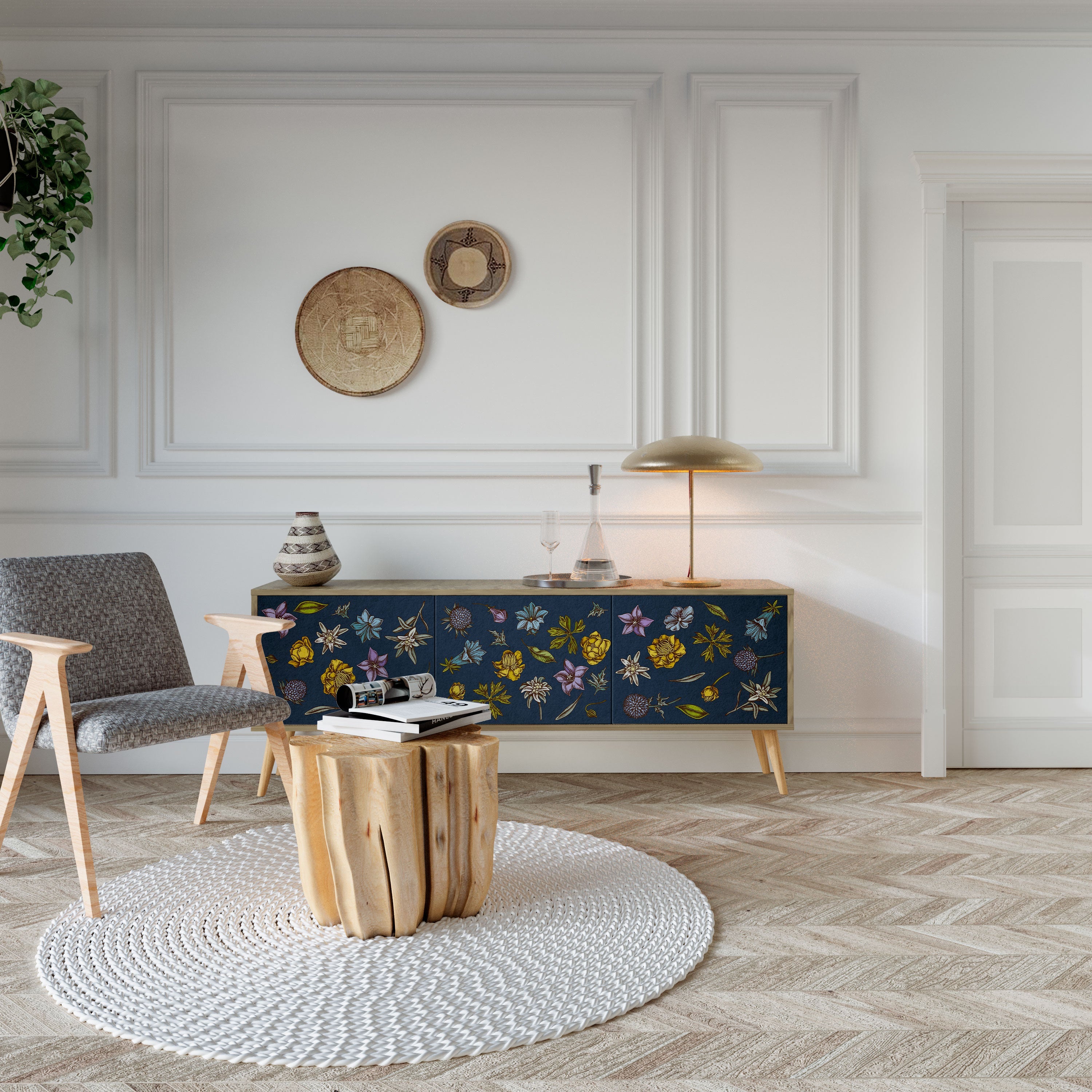 Meuble TV 3 portes effet chêne FLOWERS ON NAVY BLUE