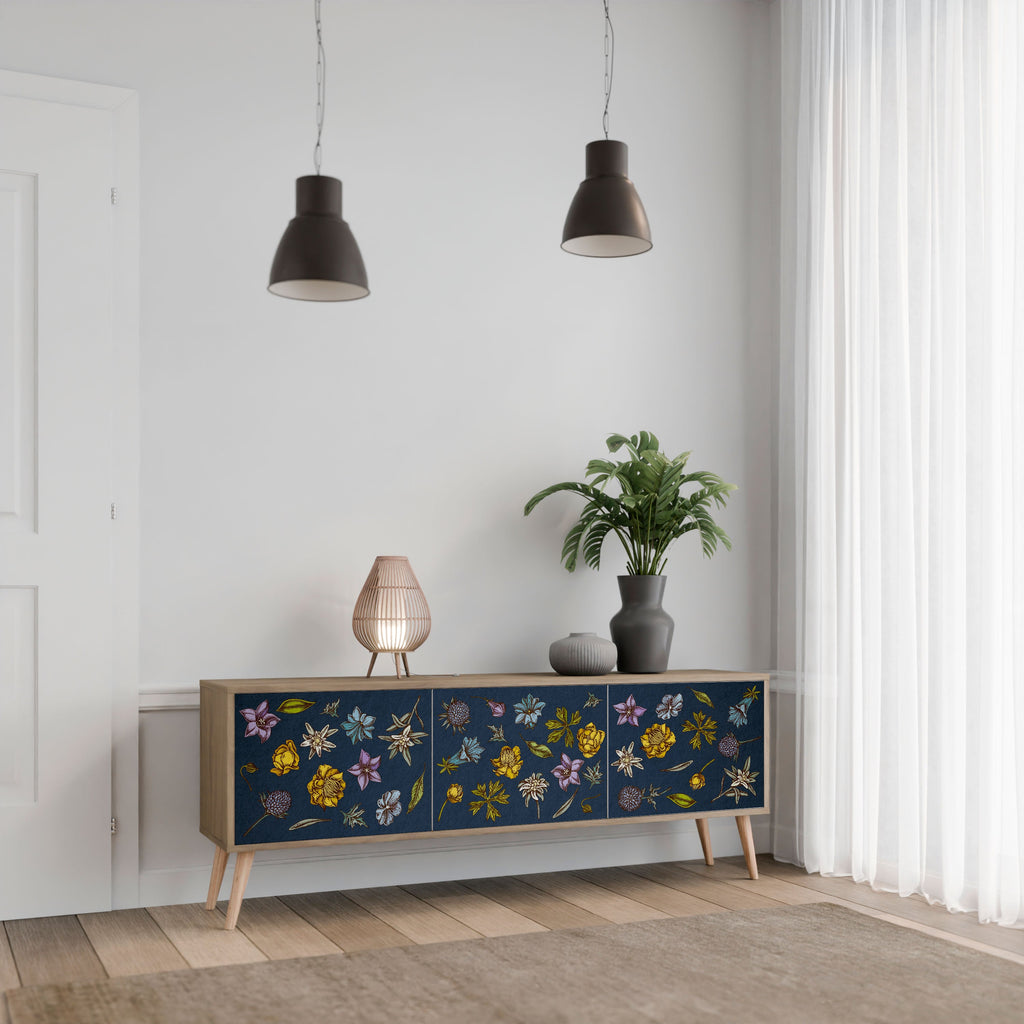 FLOWERS ON NAVY BLUE 3-Door TV Stand in Oak Effect