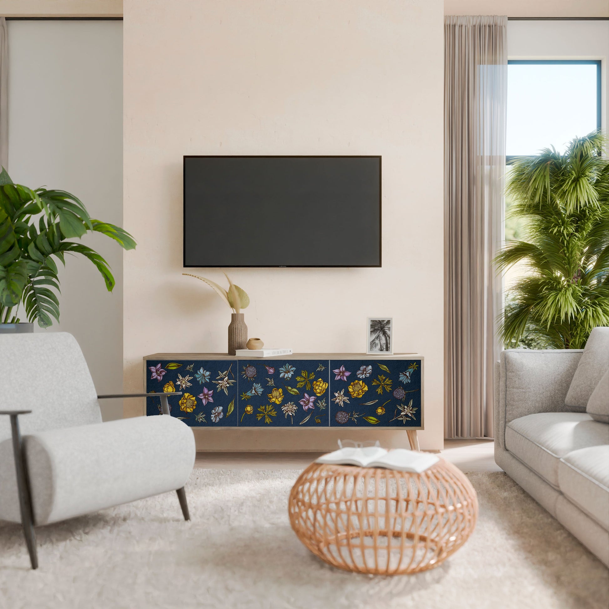 FLOWERS ON NAVY BLUE 3-Door TV Stand in Oak Effect