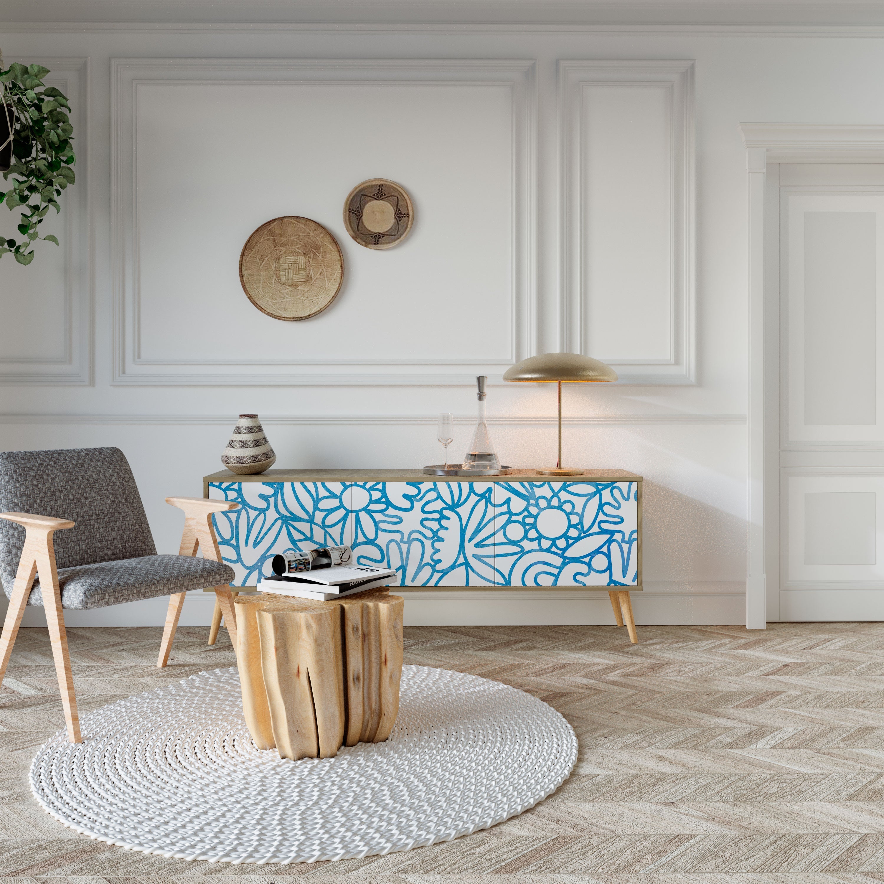 Meuble TV 3 portes BLOOMY MORNING effet chêne