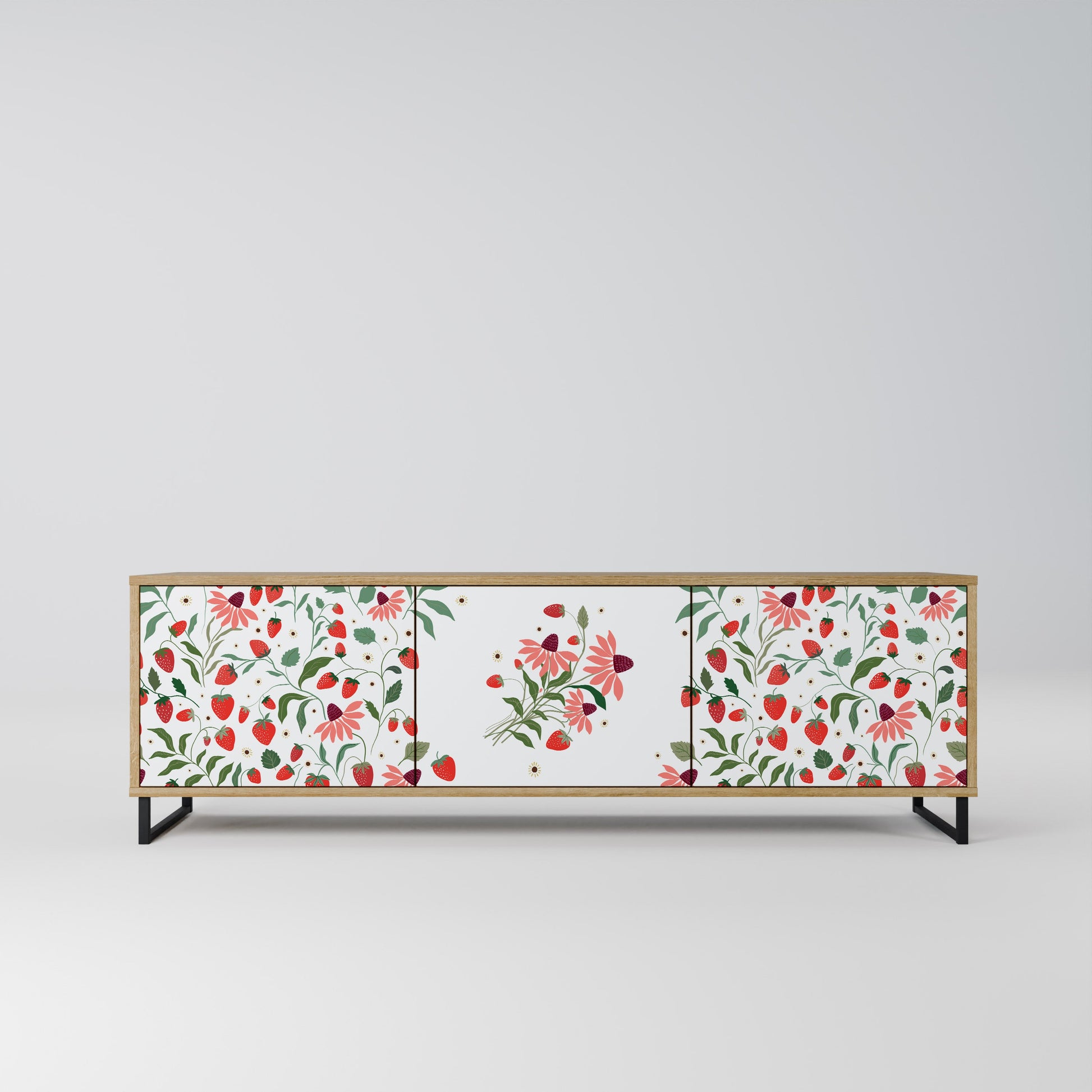 FLOWERS AND STRAWBERRIES 3-Door TV Stand in Oak Effect