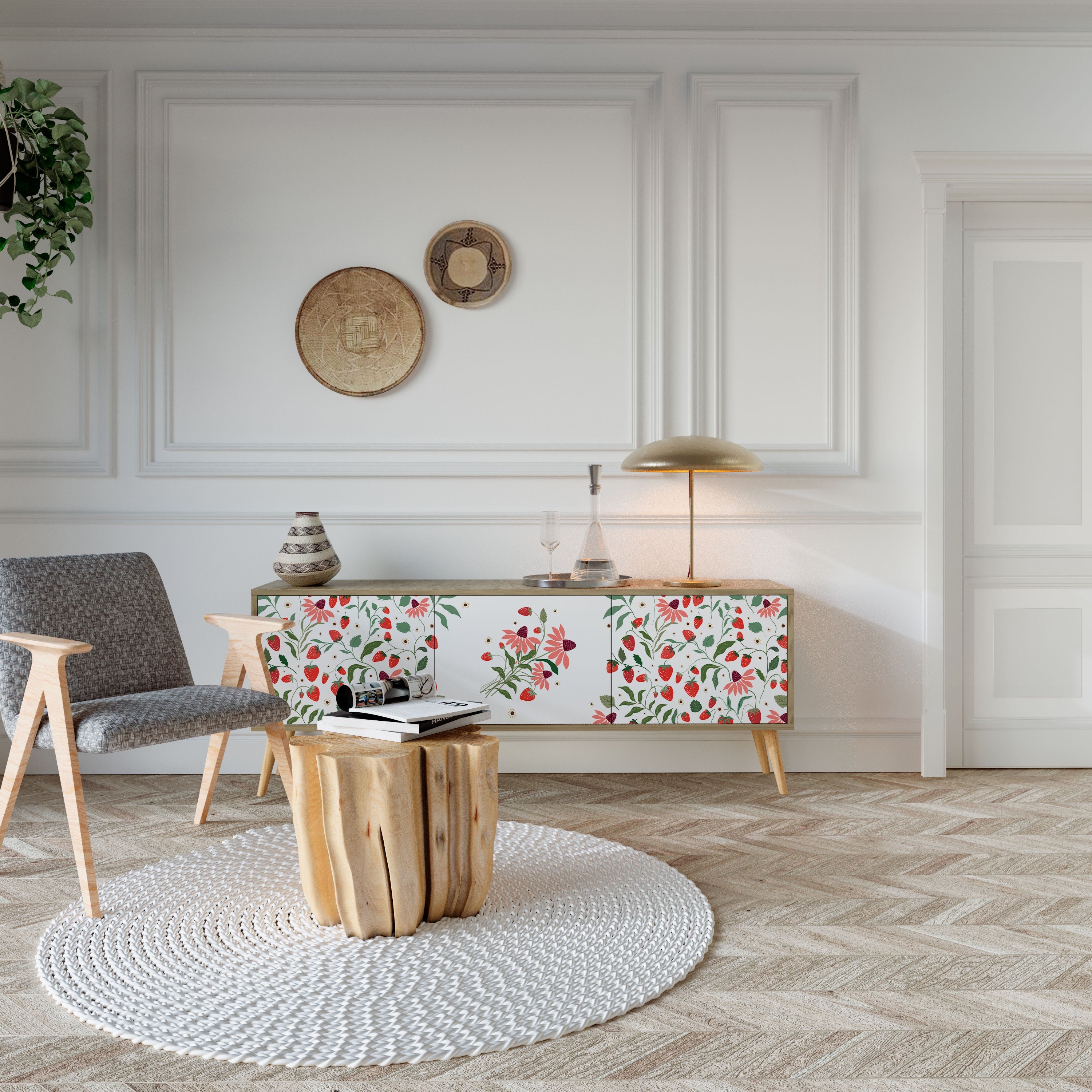 Meuble TV 3 portes FLOWERS AND STRAWBERRIES effet chêne