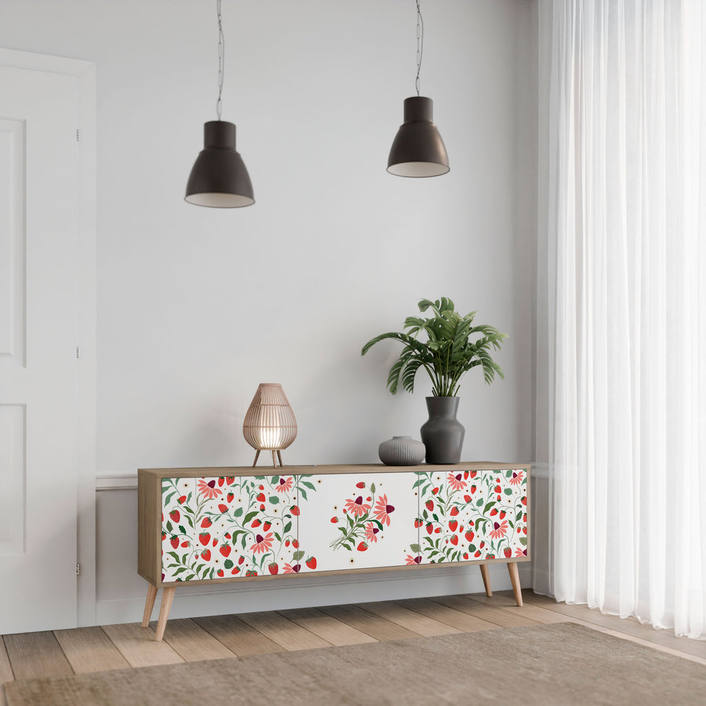 FLOWERS AND STRAWBERRIES 3-Door TV Stand in Oak Effect