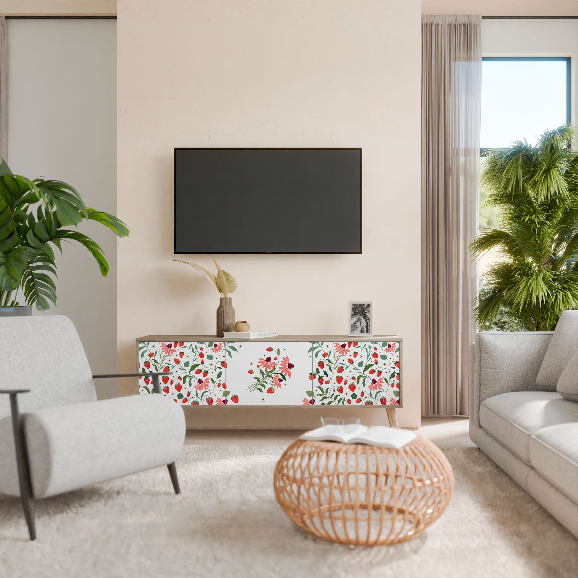 FLOWERS AND STRAWBERRIES 3-Door TV Stand in Oak Effect