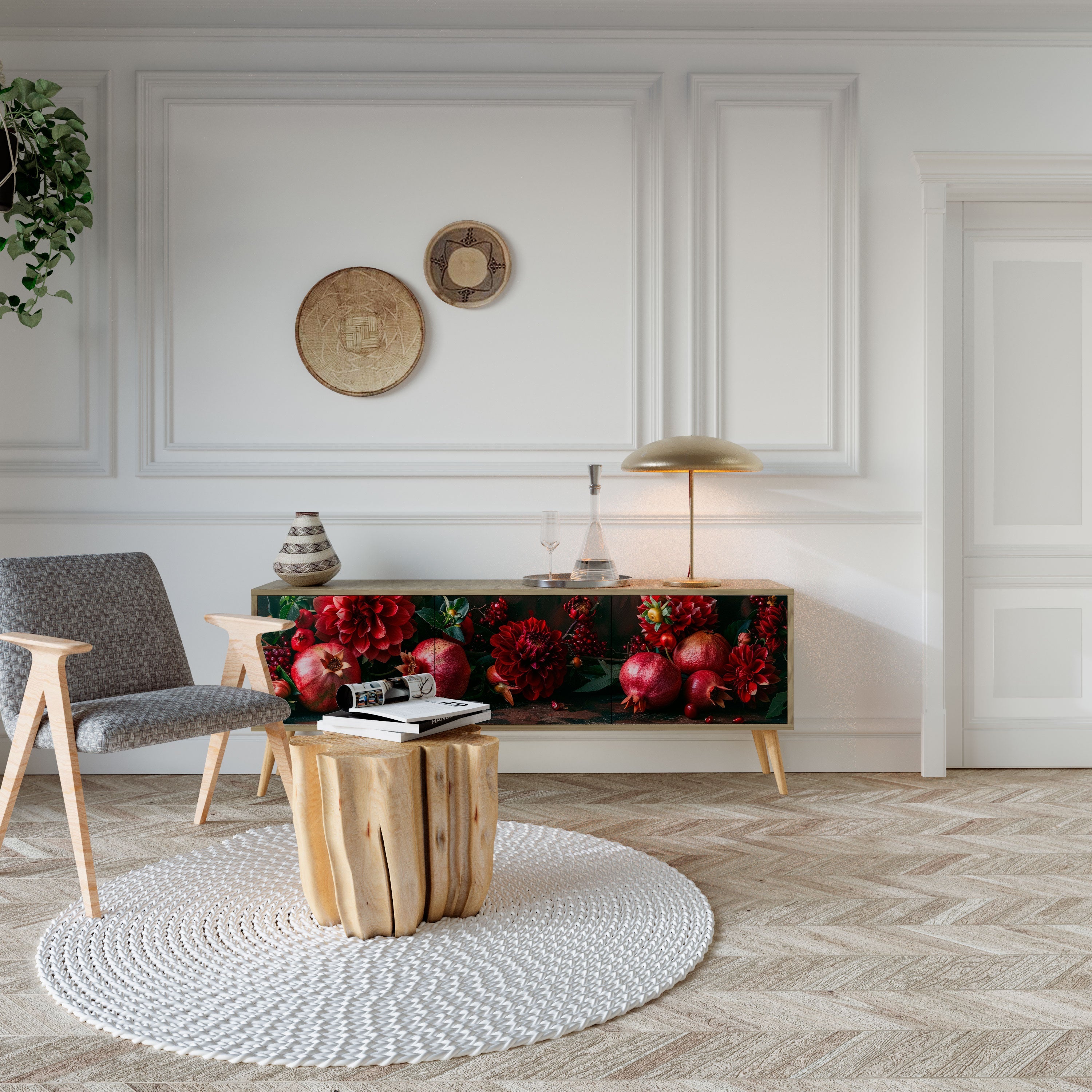 Meuble TV 3 portes DAHLIAS ET GRENADES effet chêne