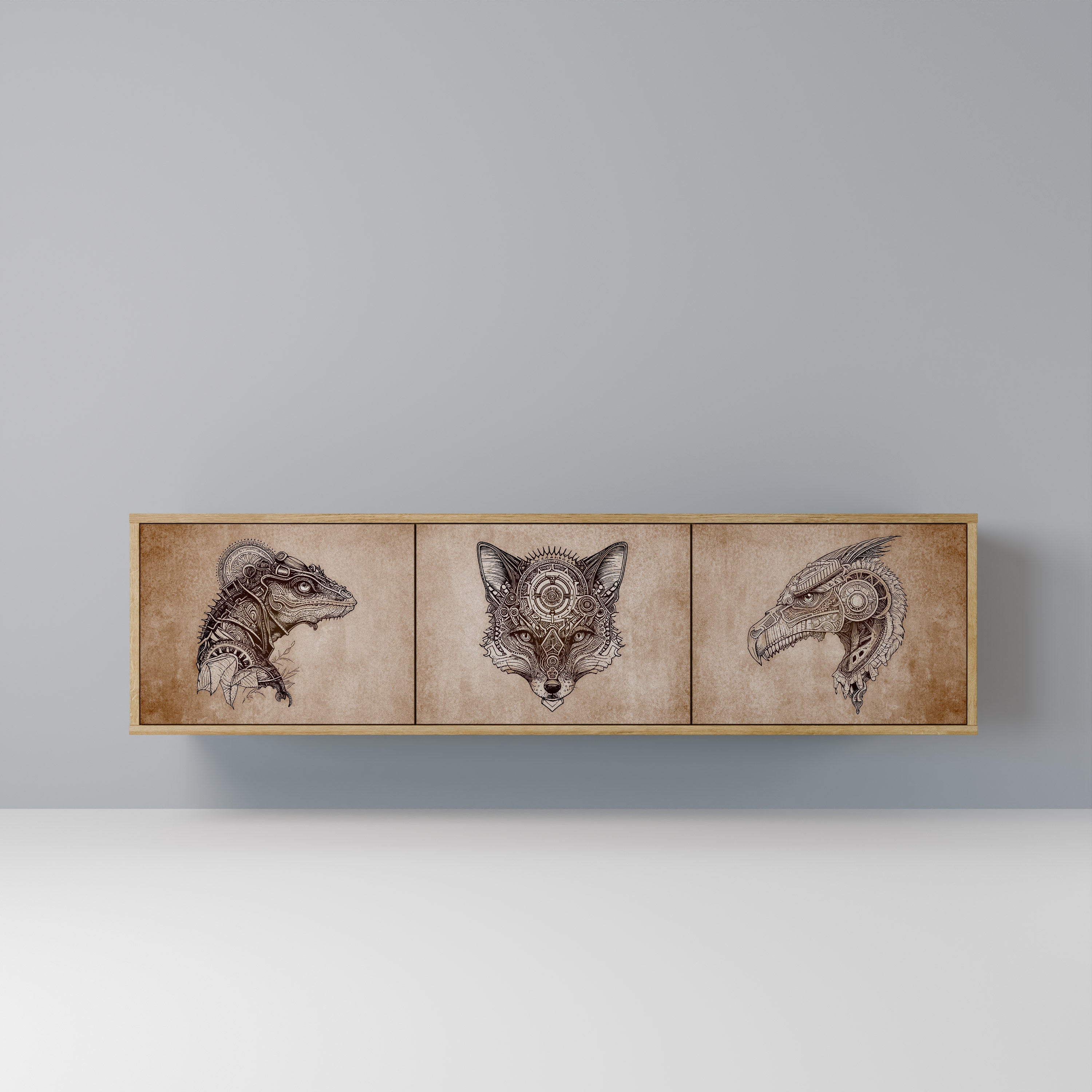 Meuble TV 3 portes STEAMPUNK CLAN effet chêne