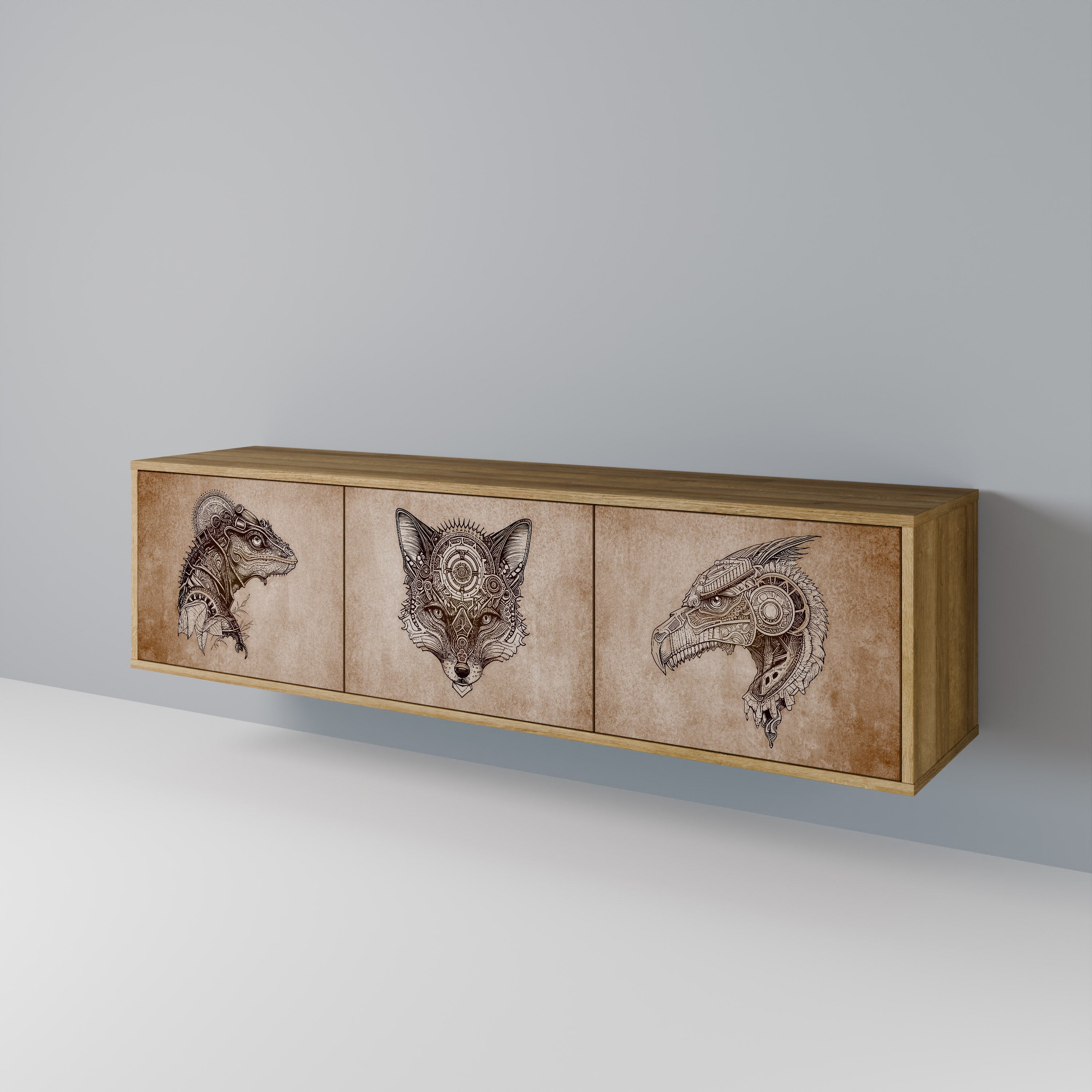 Meuble TV 3 portes STEAMPUNK CLAN effet chêne