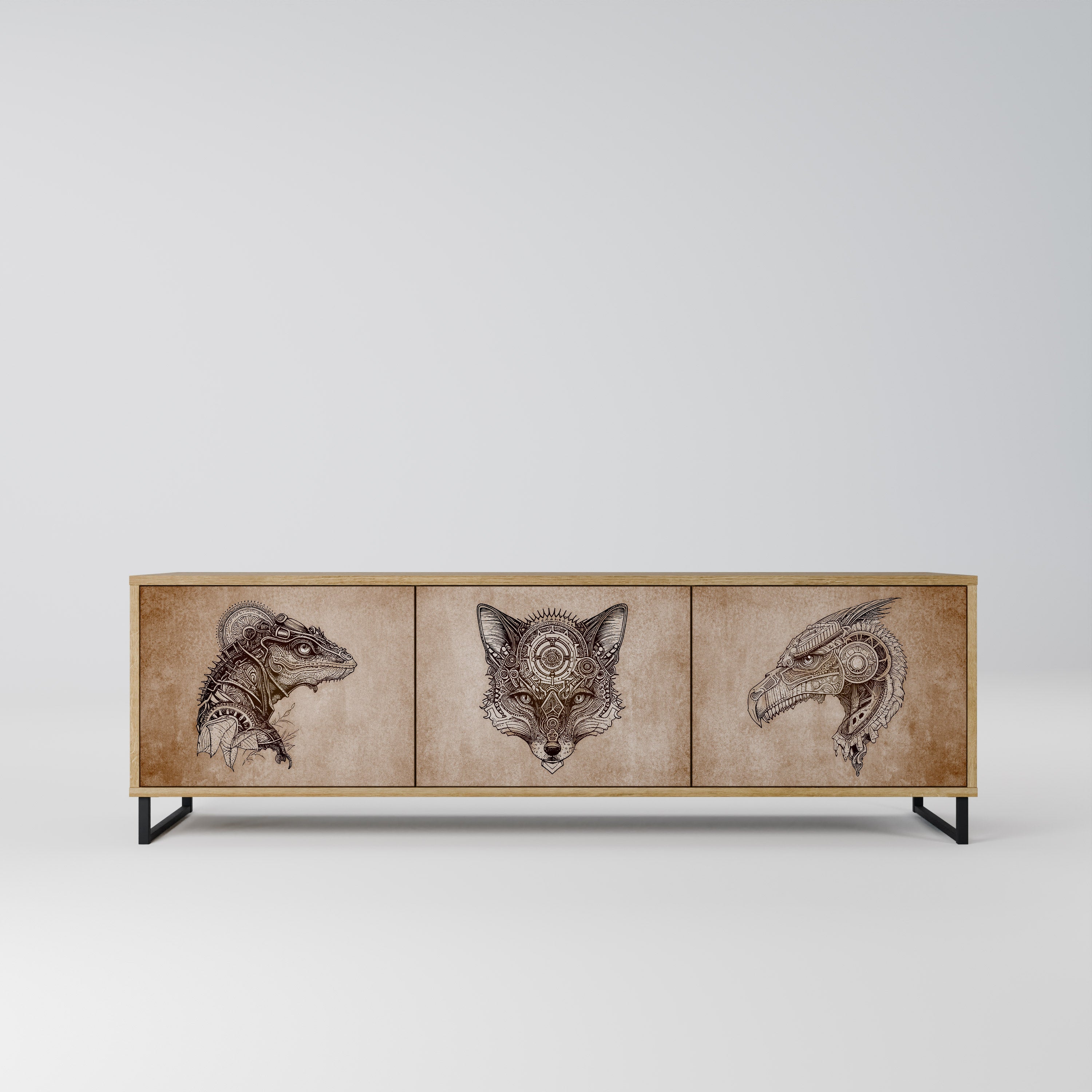 Meuble TV 3 portes STEAMPUNK CLAN effet chêne