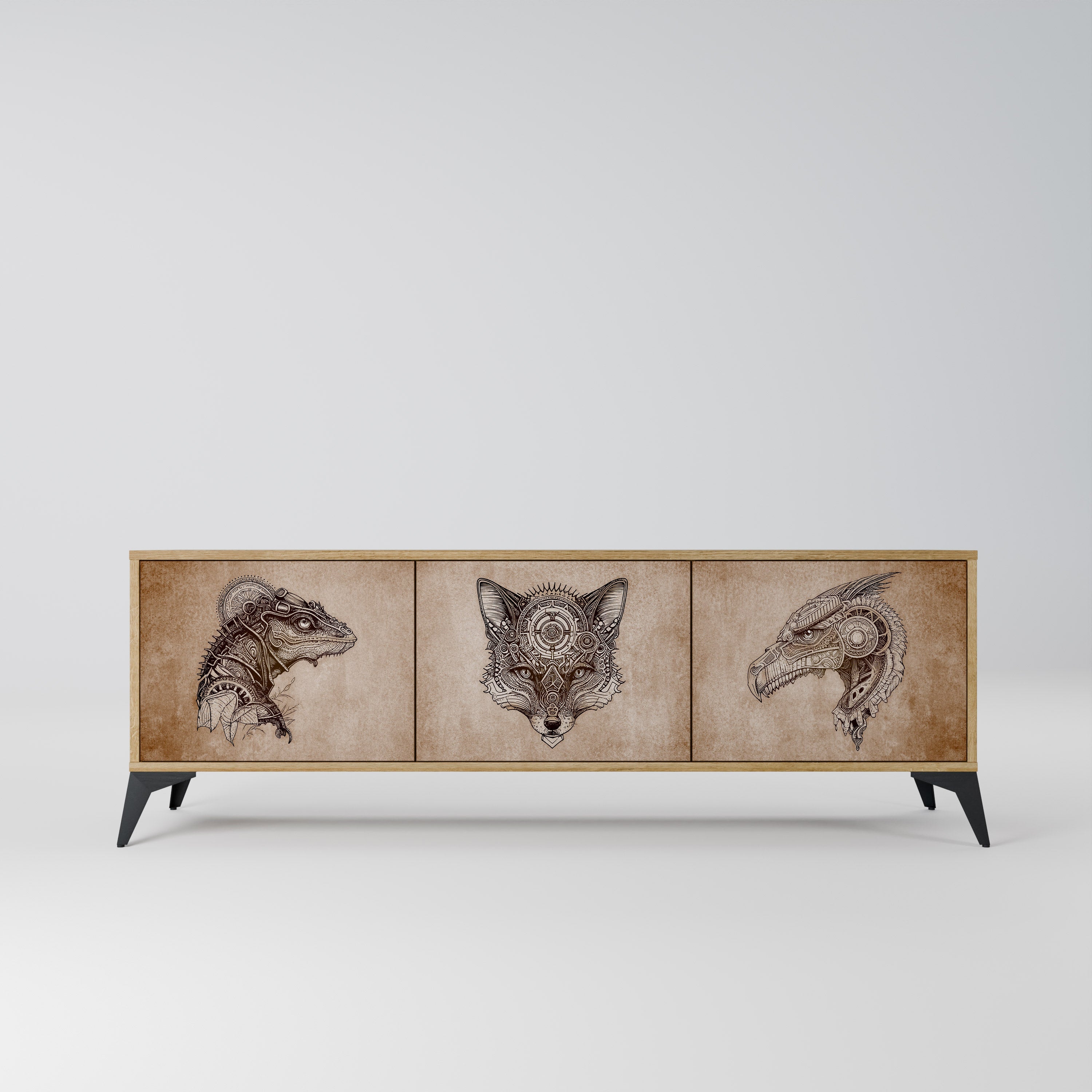 Meuble TV 3 portes STEAMPUNK CLAN effet chêne