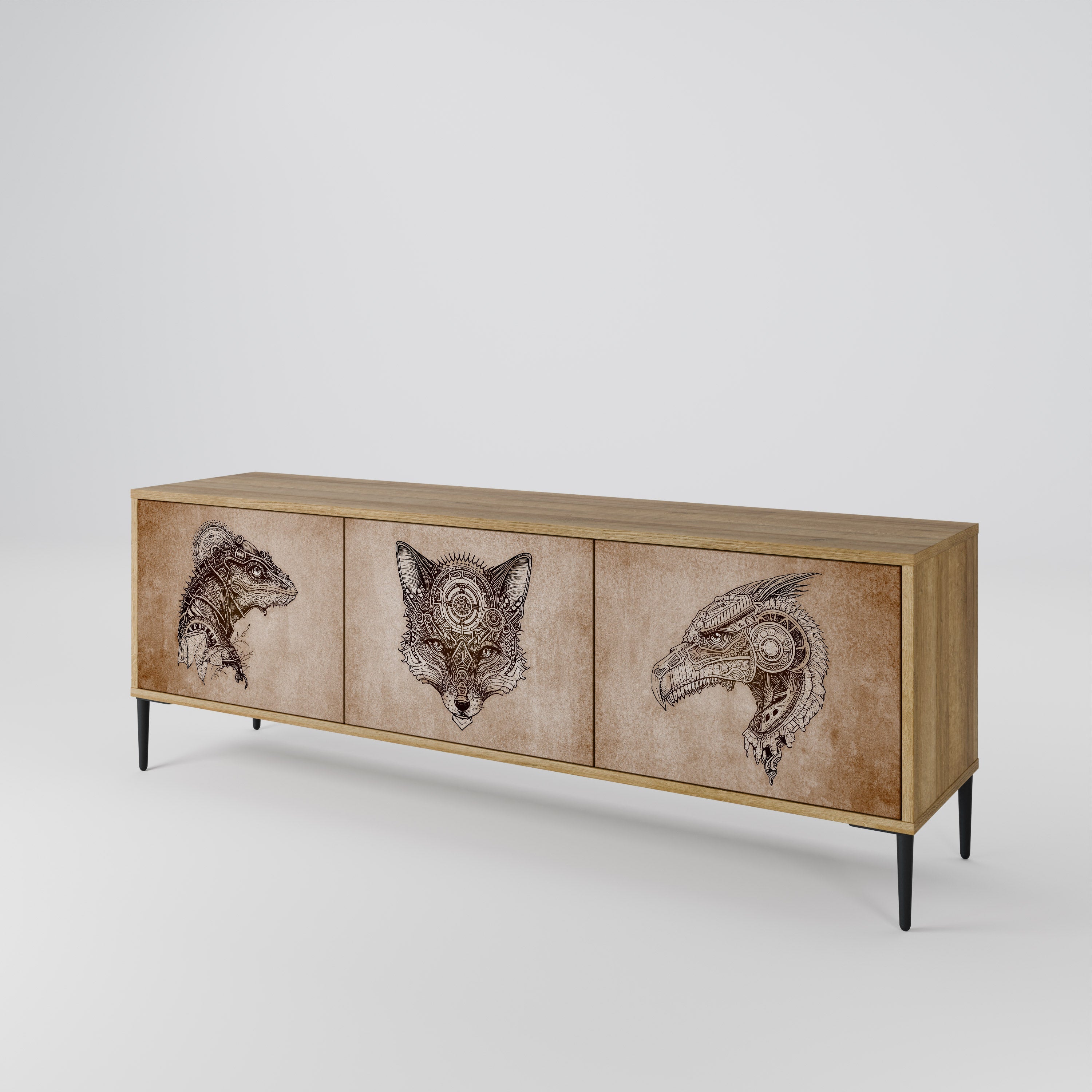 Meuble TV 3 portes STEAMPUNK CLAN effet chêne