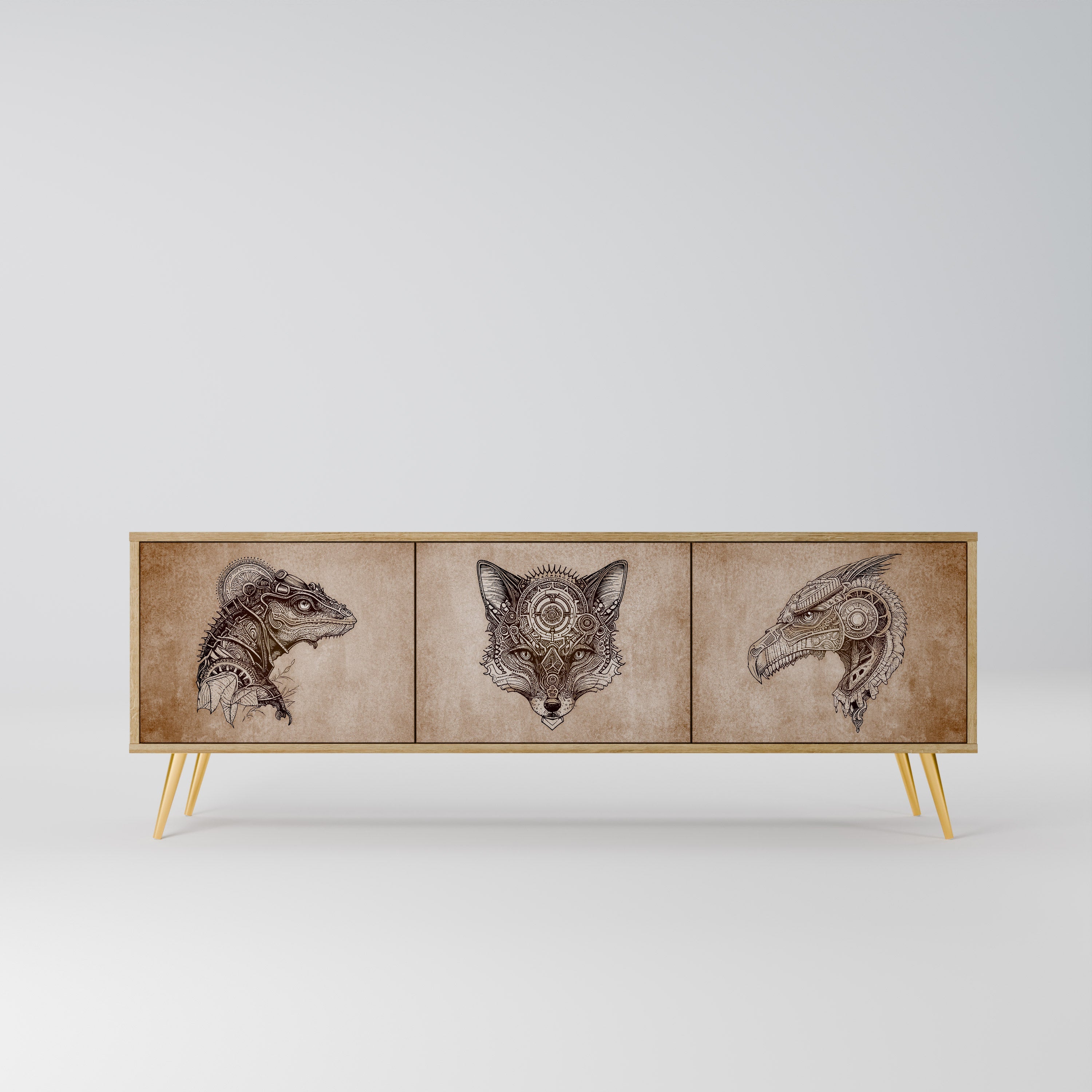 Meuble TV 3 portes STEAMPUNK CLAN effet chêne