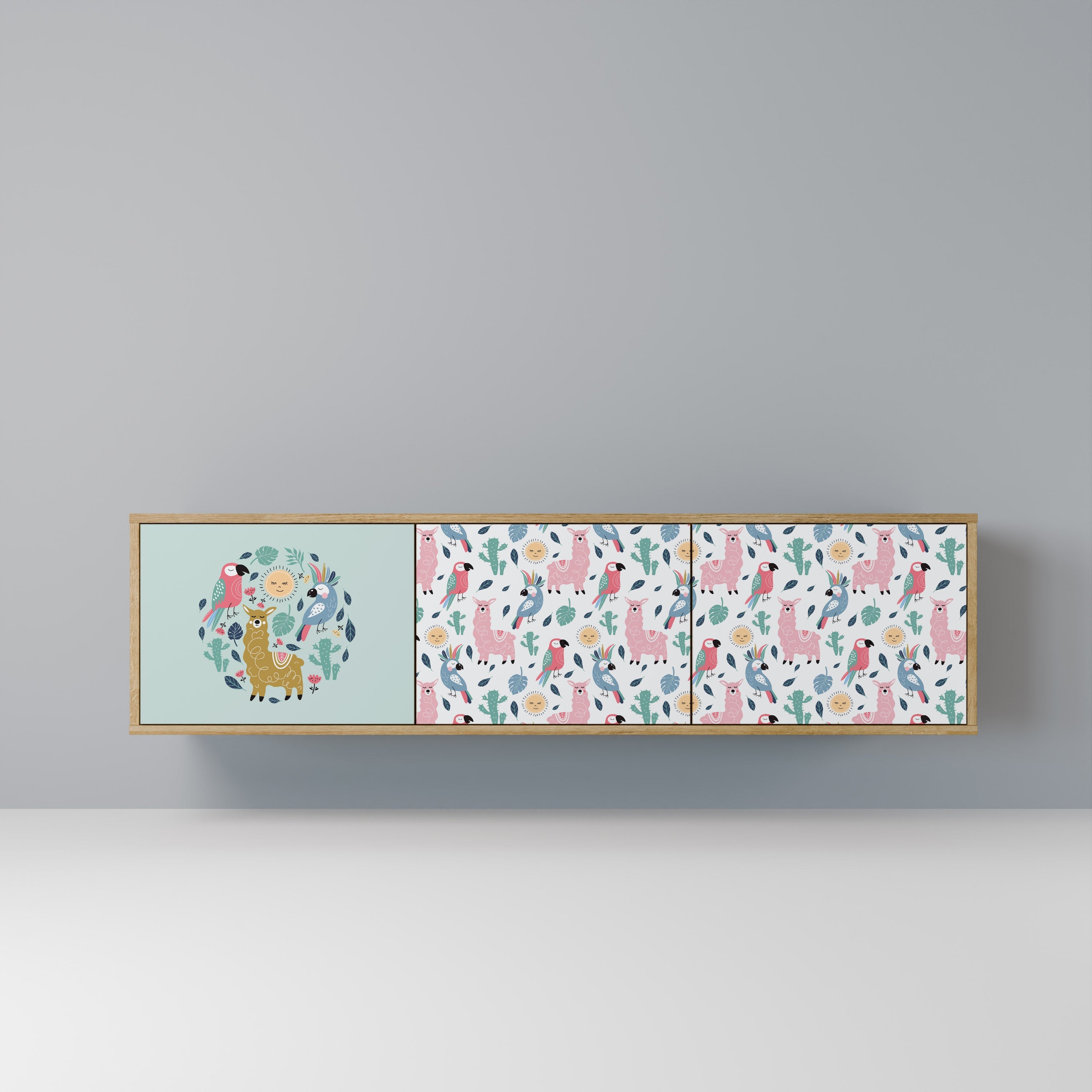 Meuble TV 3 portes COLORFUL ALPACAS effet chêne