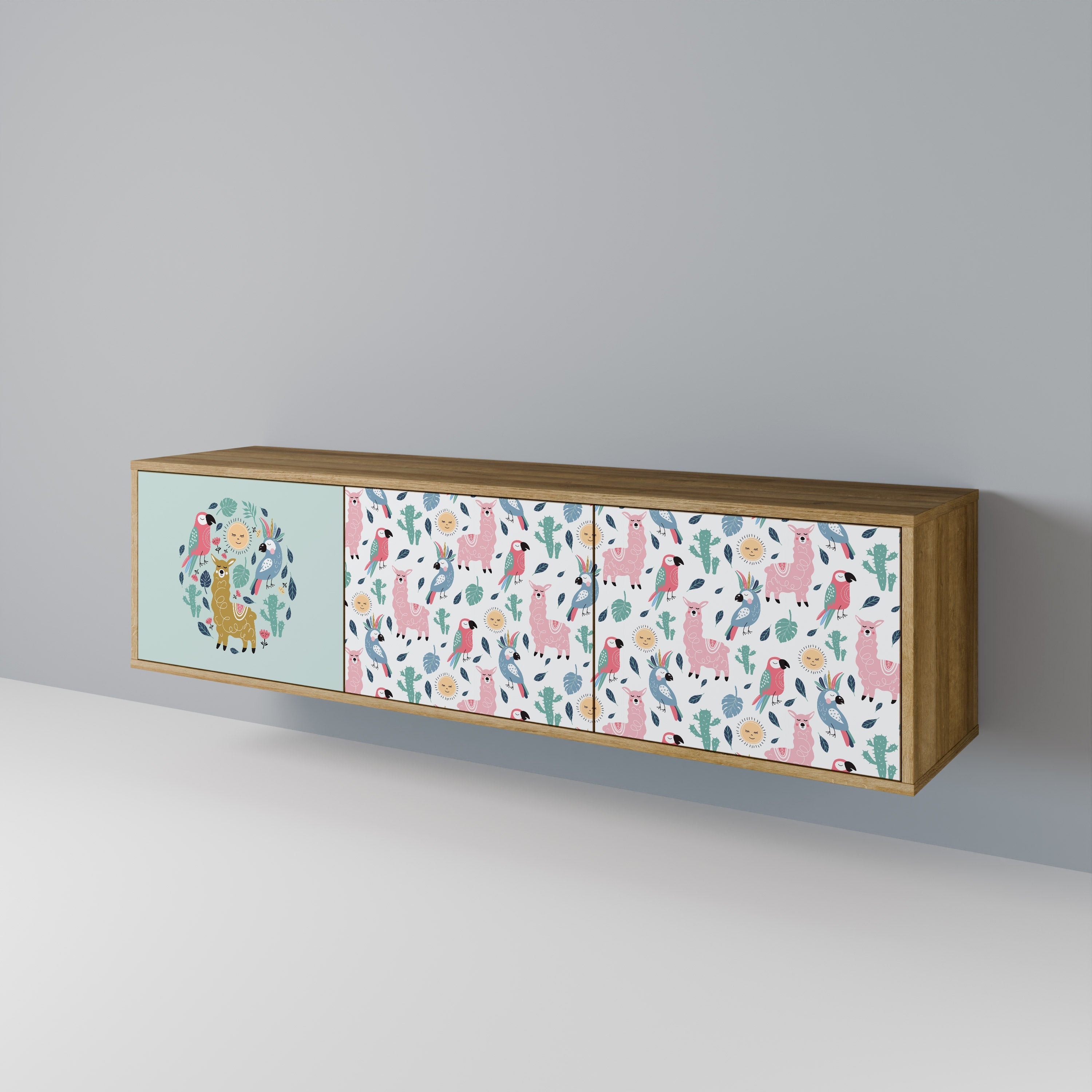 Meuble TV 3 portes COLORFUL ALPACAS effet chêne