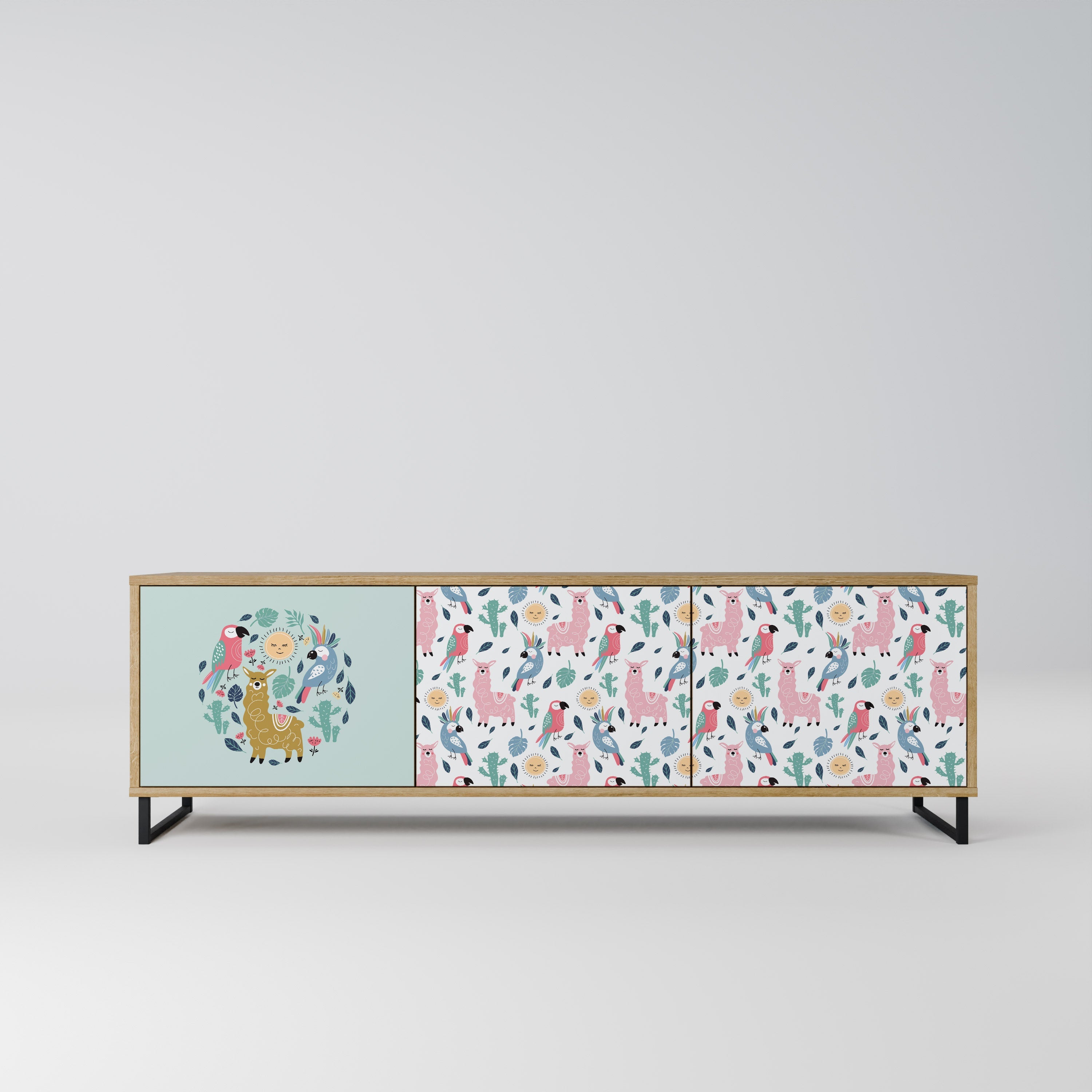 Meuble TV 3 portes COLORFUL ALPACAS effet chêne