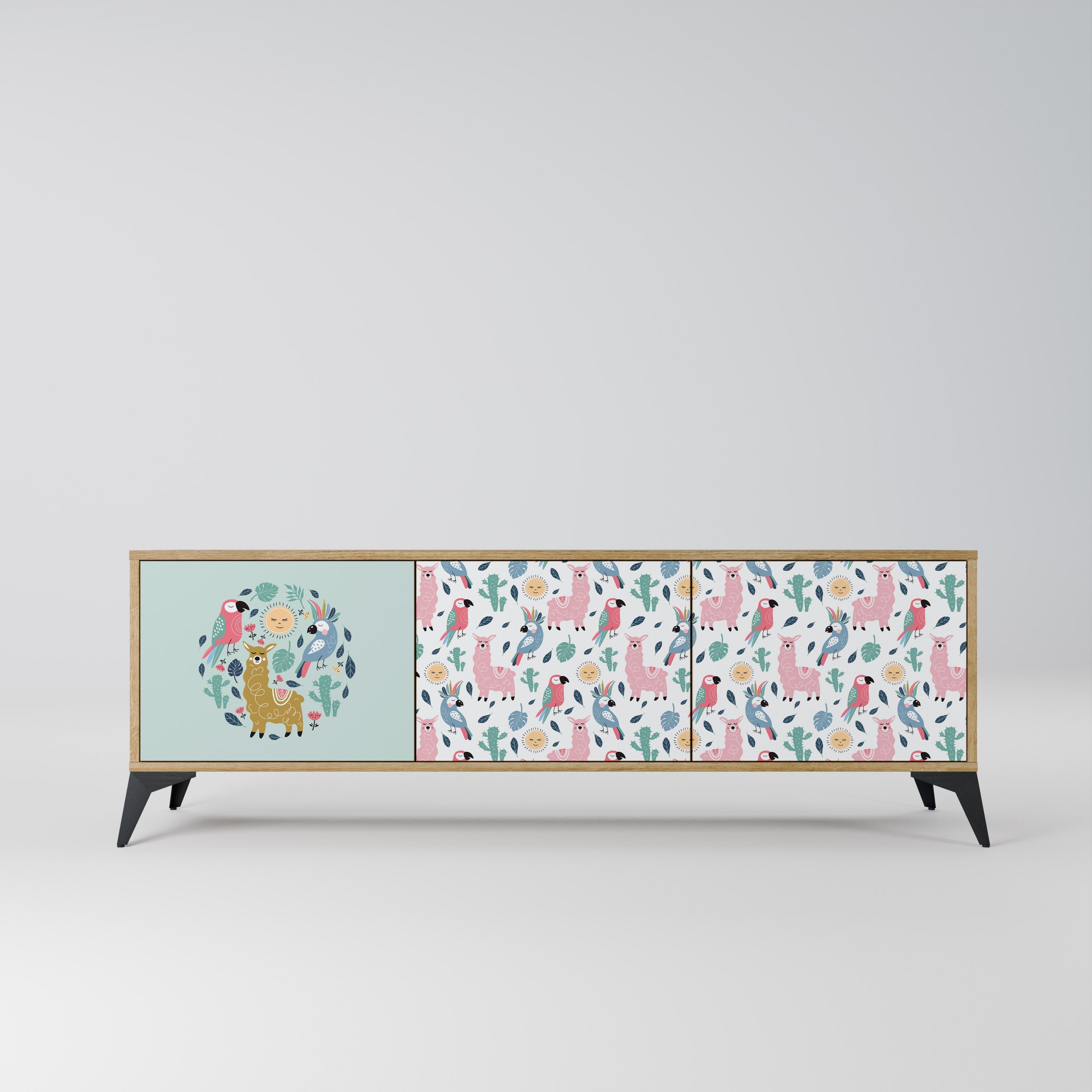 Meuble TV 3 portes COLORFUL ALPACAS effet chêne