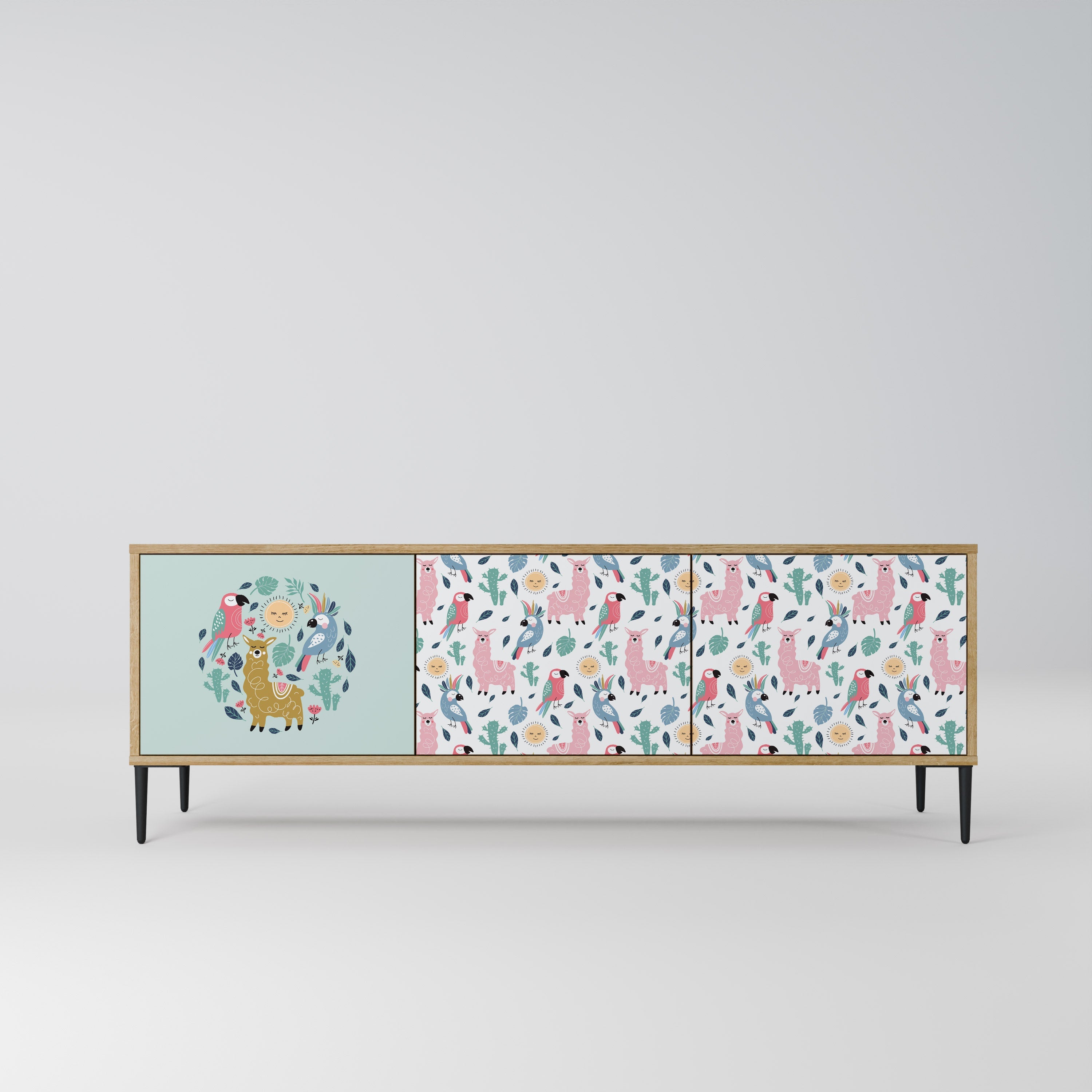 Meuble TV 3 portes COLORFUL ALPACAS effet chêne