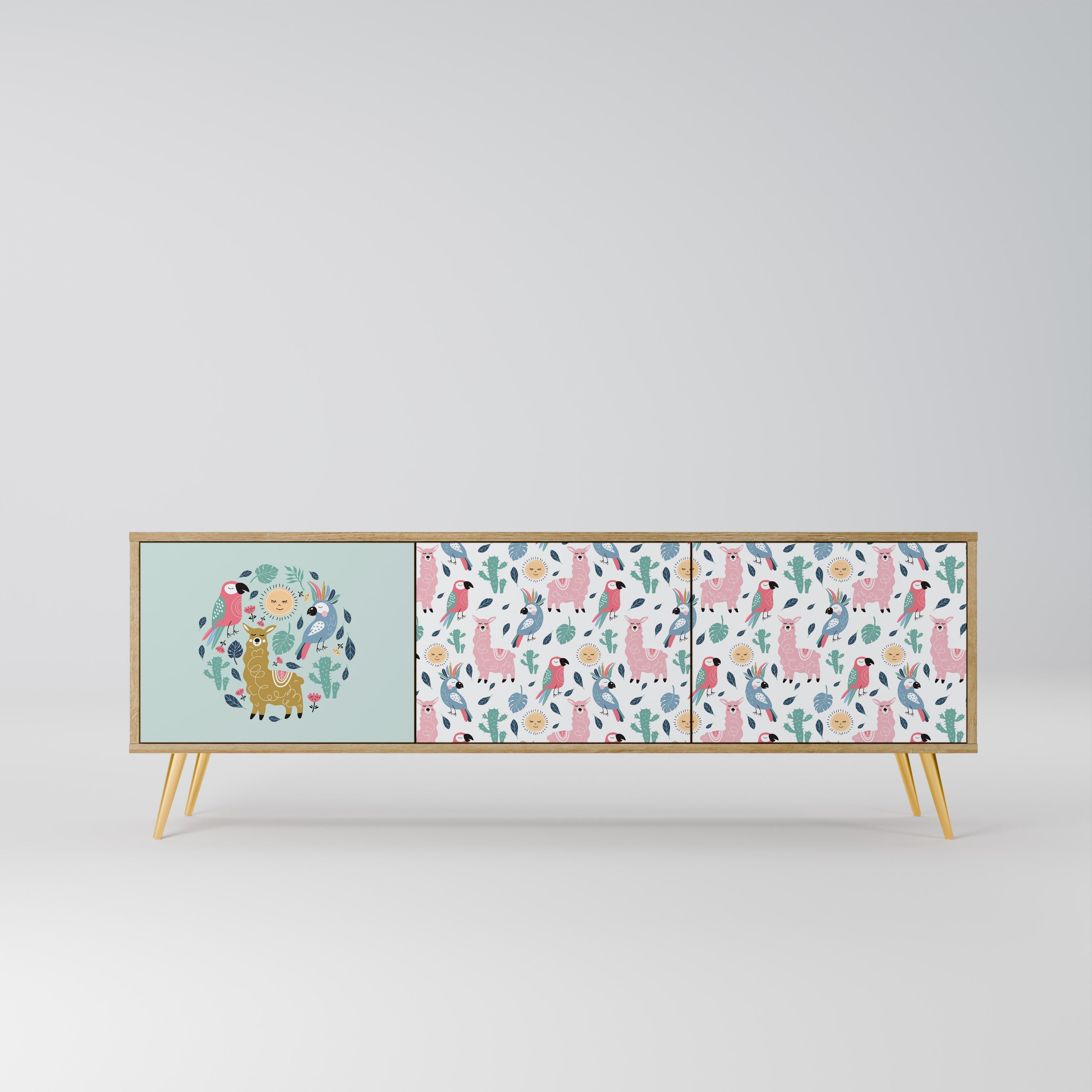 Meuble TV 3 portes COLORFUL ALPACAS effet chêne