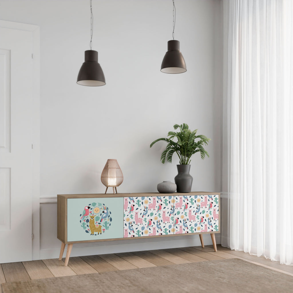 Meuble TV 3 portes COLORFUL ALPACAS effet chêne