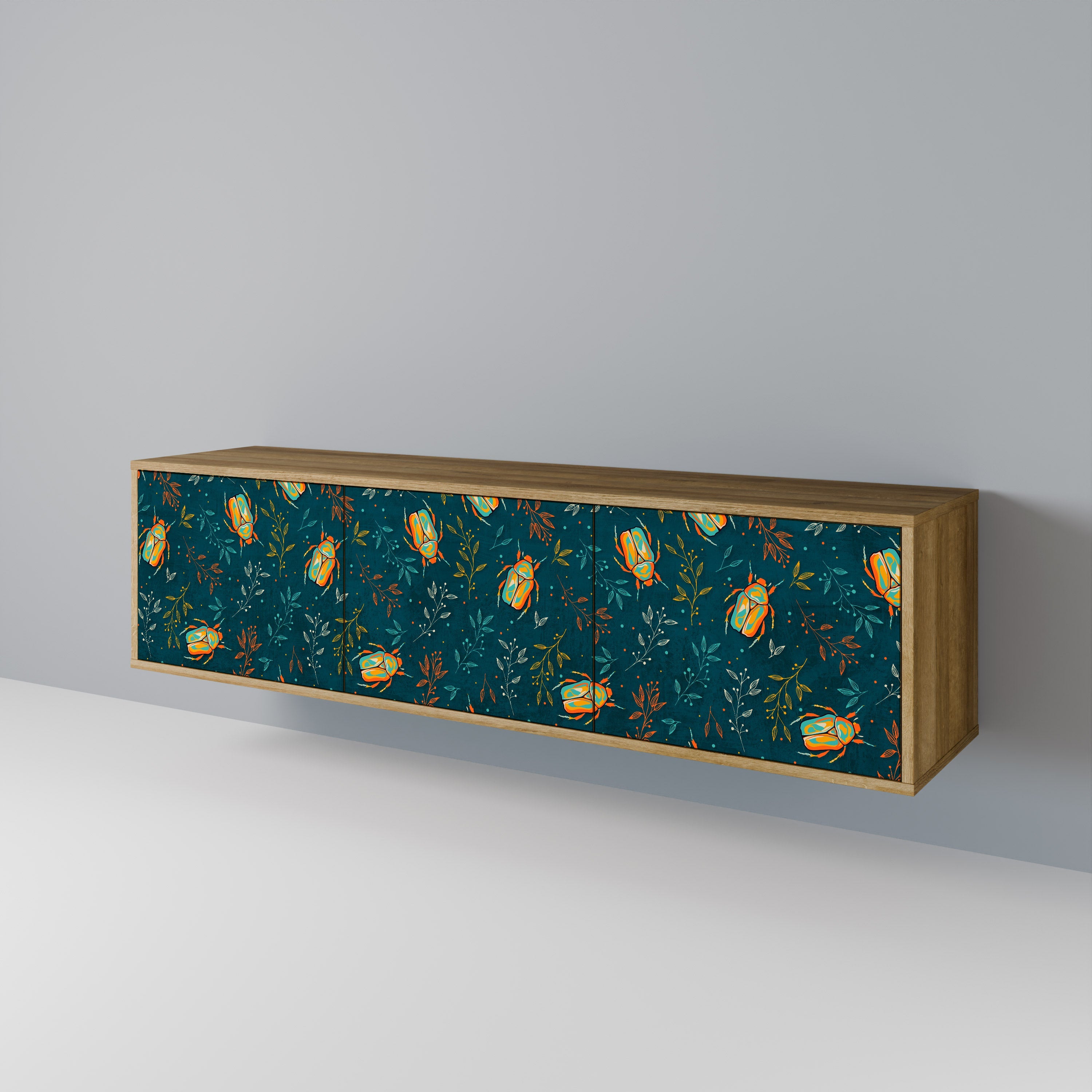 Meuble TV 3 portes INSECTES D'AUTOMNE effet chêne