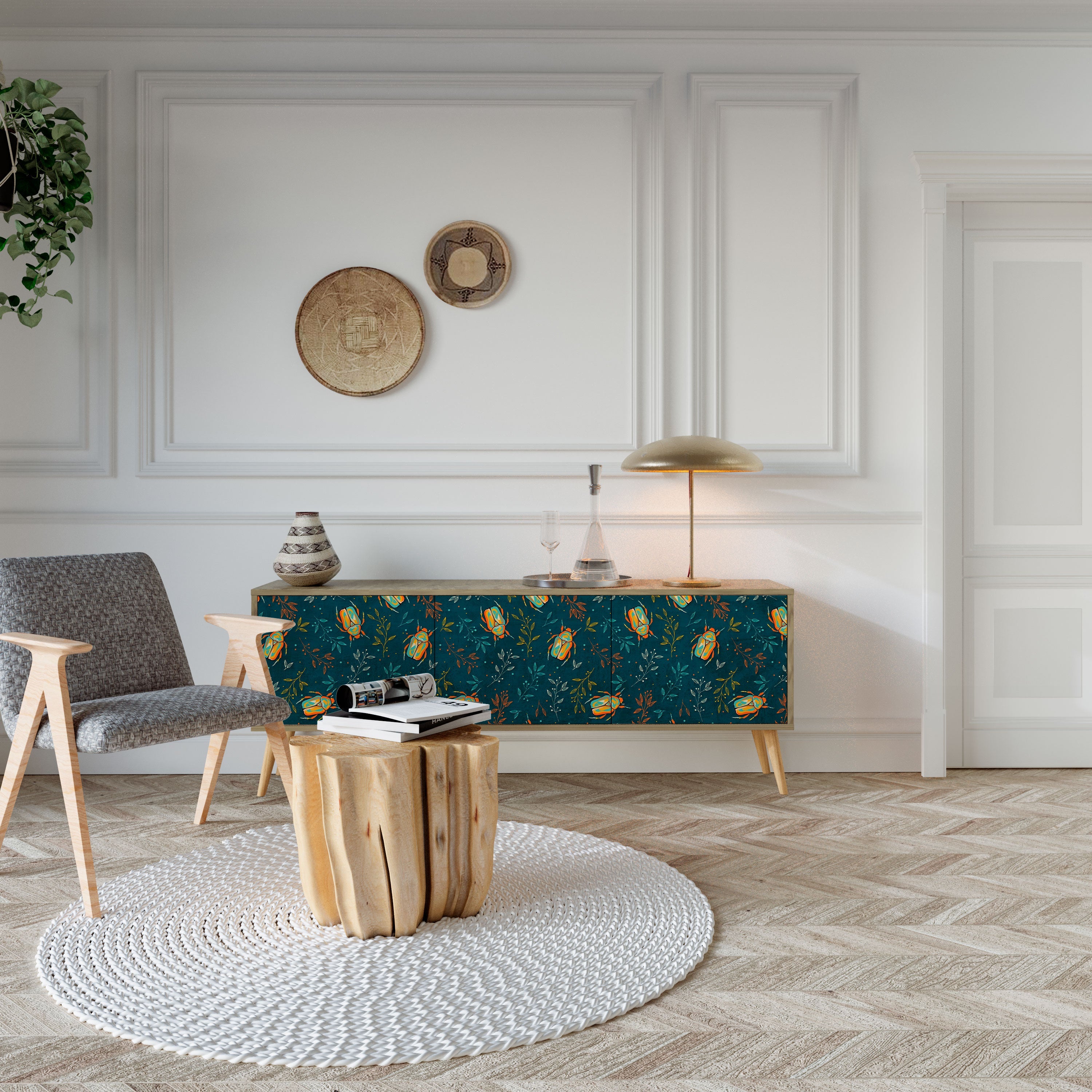 Meuble TV 3 portes INSECTES D'AUTOMNE effet chêne