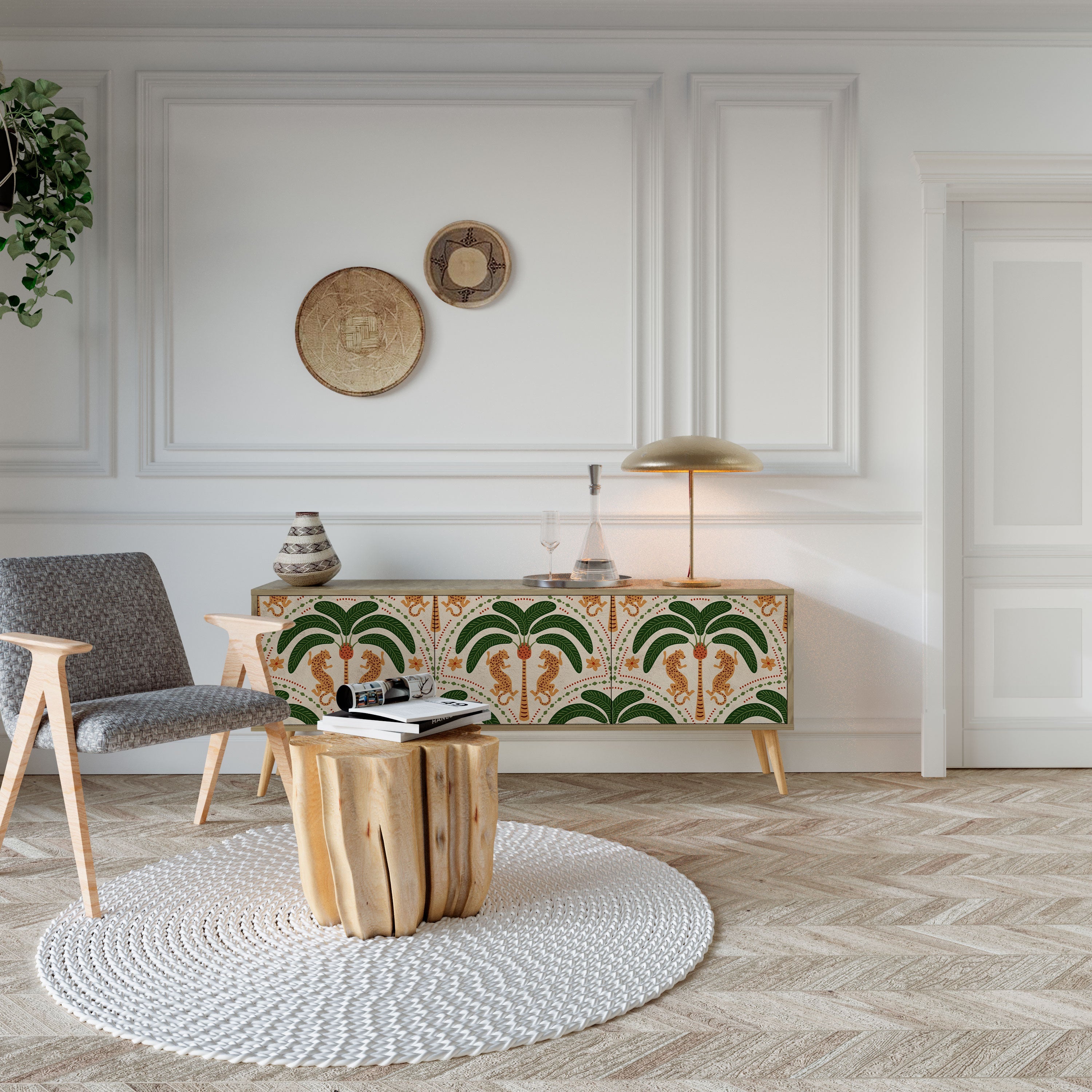 Meuble TV 3 portes DANCING PREDATORS effet chêne