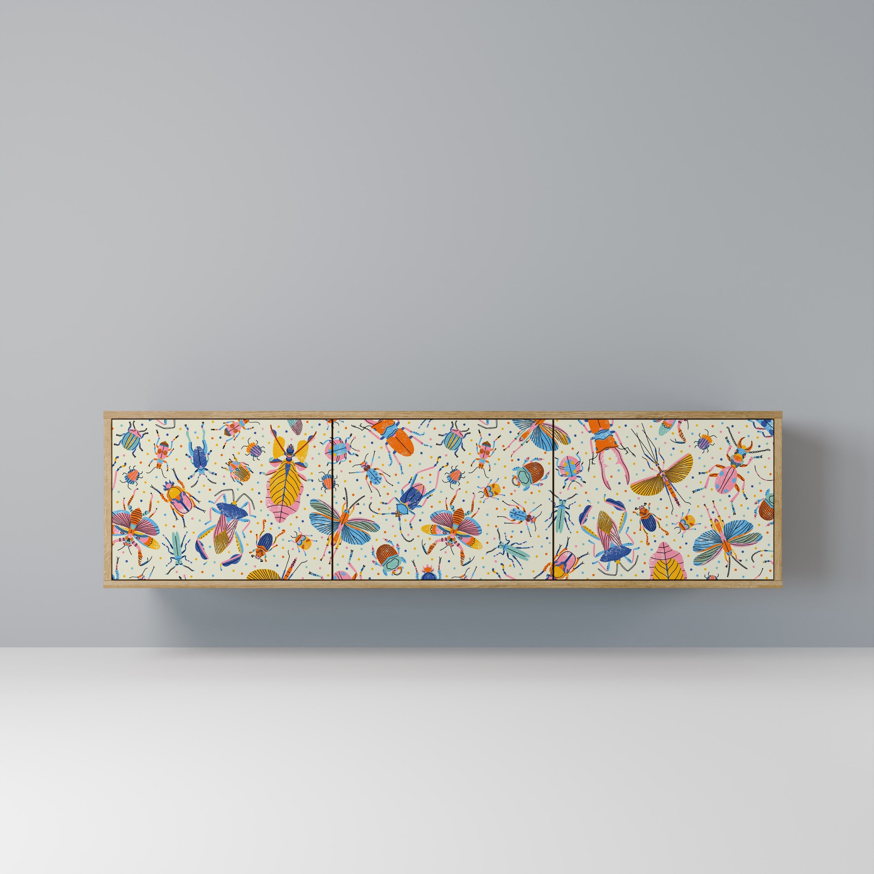 Meuble TV 3 portes COLORFUL INSECTS effet chêne