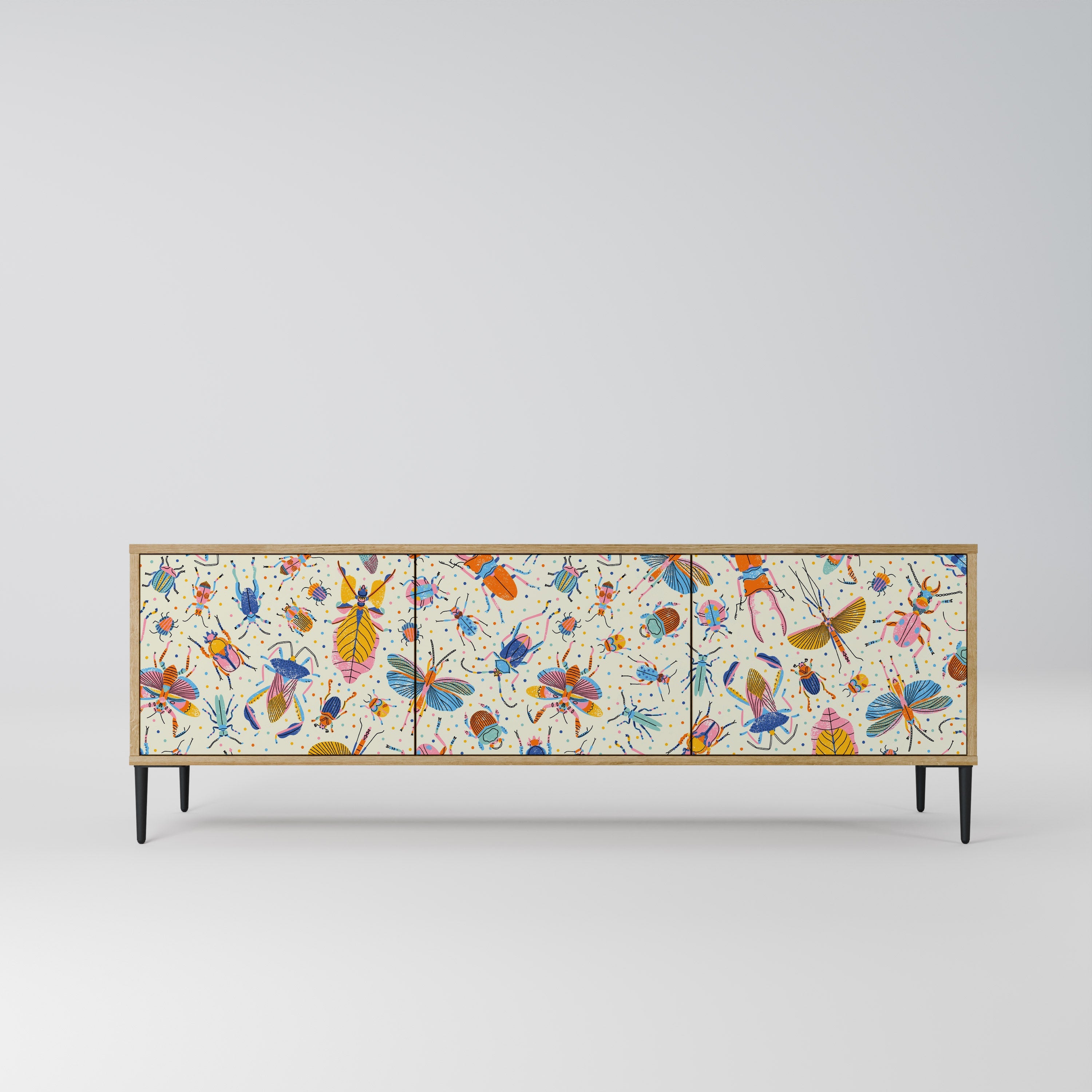 Meuble TV 3 portes COLORFUL INSECTS effet chêne