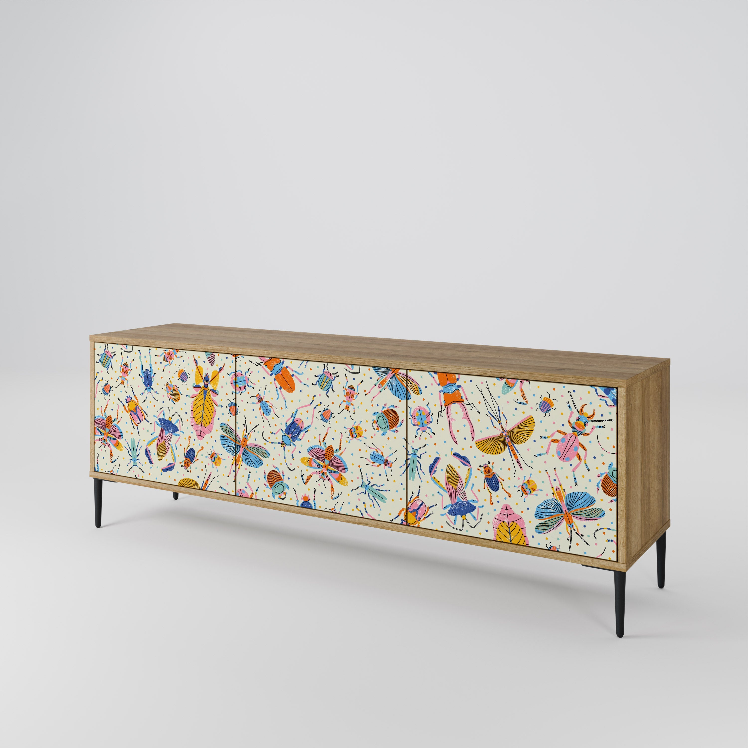Meuble TV 3 portes COLORFUL INSECTS effet chêne